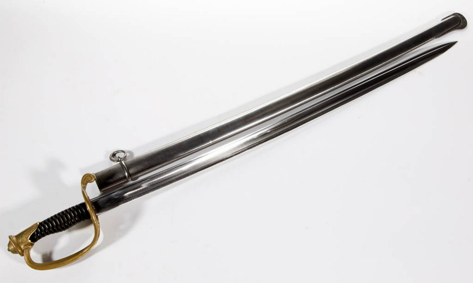 FRENCH MODEL 1845 INFANTRY SWORD WITH SCABBARD: FRENCH MODEL 1845 INFANTRY SWORD WITH SCABBARD, ricasso with inspector marks "JC" and brass guard with serial number "57534", engraved along the blade "Manufacture nationale d' armes Chateleranld Tanv