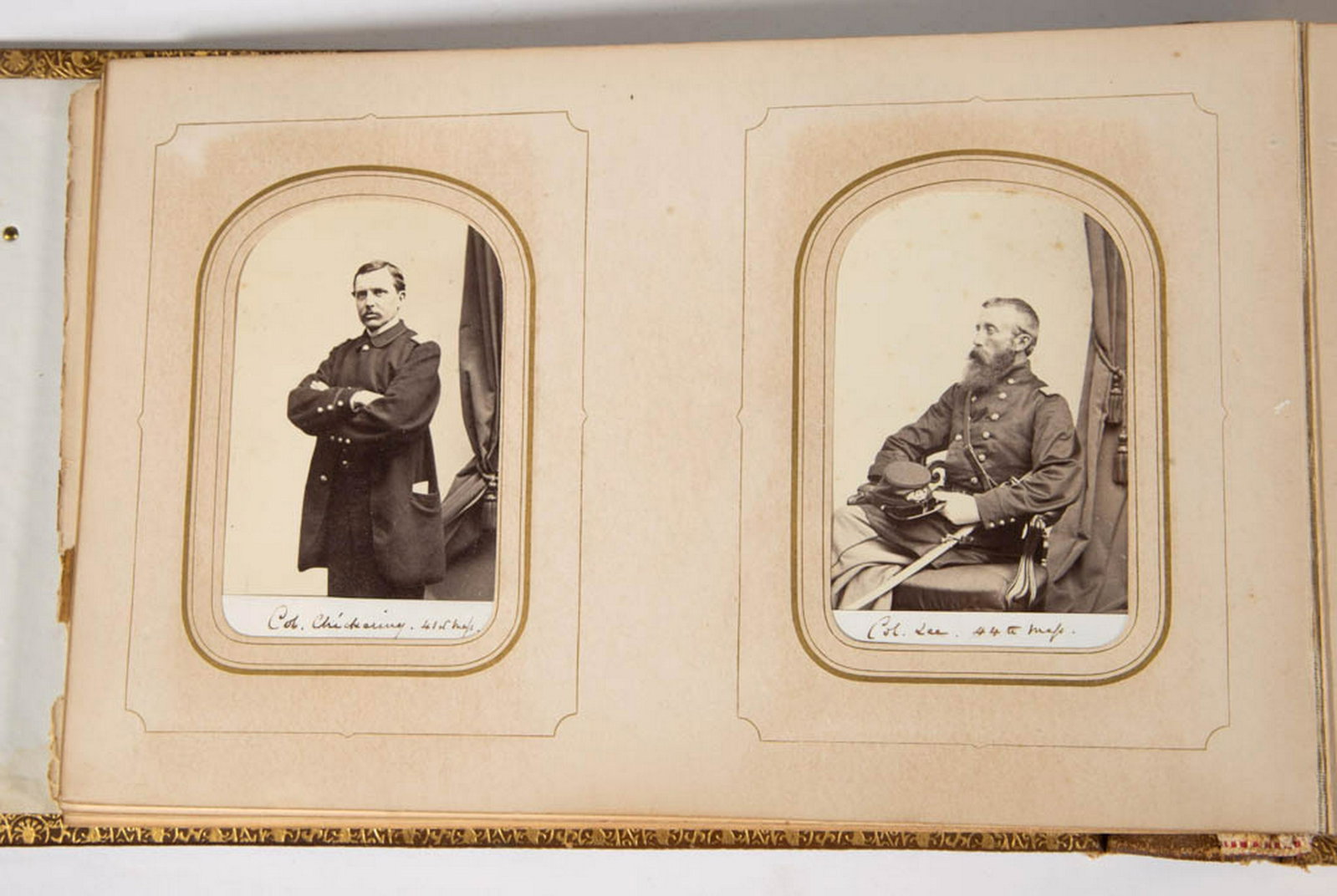CIVIL WAR UNION OFFICERS CDVS IN ALBUM: CIVIL WAR UNION OFFICERS CDVS IN ALBUM, including 36 images of officers, many identified, along with images of Abraham Lincoln, Henry Clay, Daniel Webster, Charles Francis Adams, etc., 45 images total