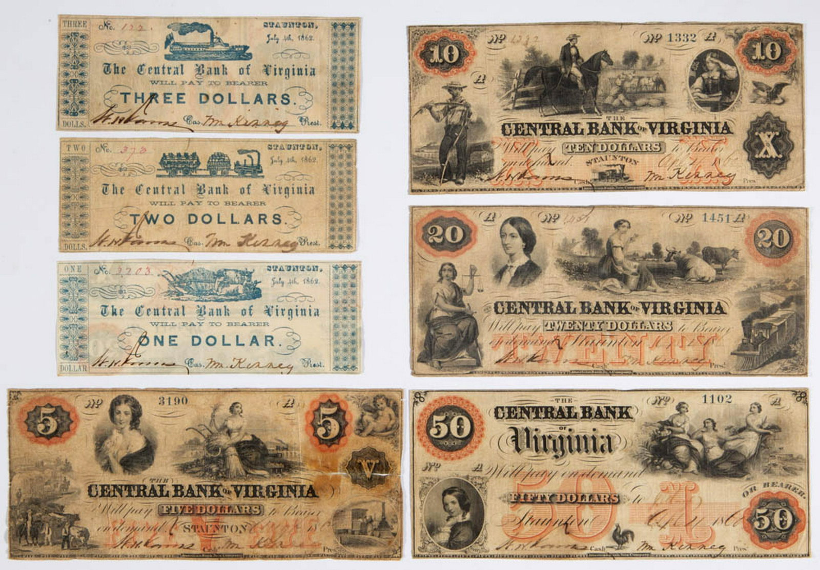 ASSORTED STAUNTON, SHENANDOAH VALLEY OF VIRGINIA CIVIL: ASSORTED STAUNTON, SHENANDOAH VALLEY OF VIRGINIA CIVIL WAR OBSOLETE CURRENCY / NOTES, LOT OF SEVEN, The Central Bank of Virginia, all different, ranging from $1 to $50. April 4, 1860 and July 4, 1862.