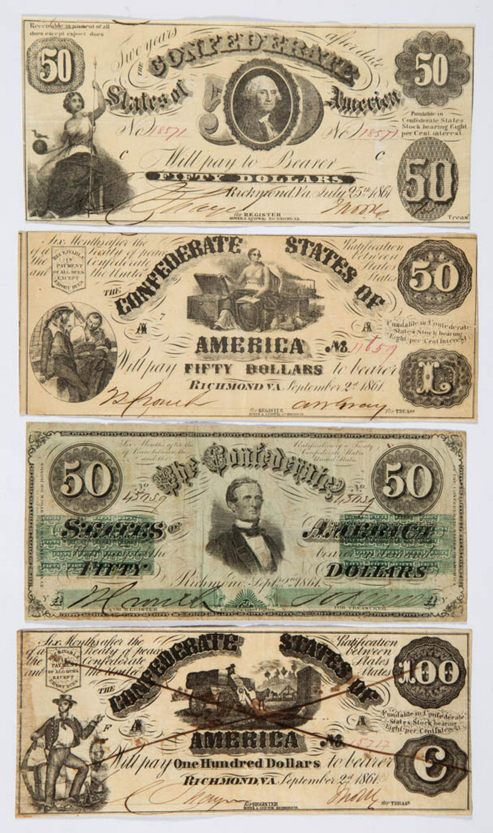 ASSORTED CONFEDERATE STATES $50 AND $100 CIVIL WAR: ASSORTED CONFEDERATE STATES $50 AND $100 CIVIL WAR CURRENCY / NOTES, LOT OF FOUR, comprising Types 8, 13, 14, and 16. July 25, 1861 and September 2, 1861. Appear in VG to VF condition, one ink cancell