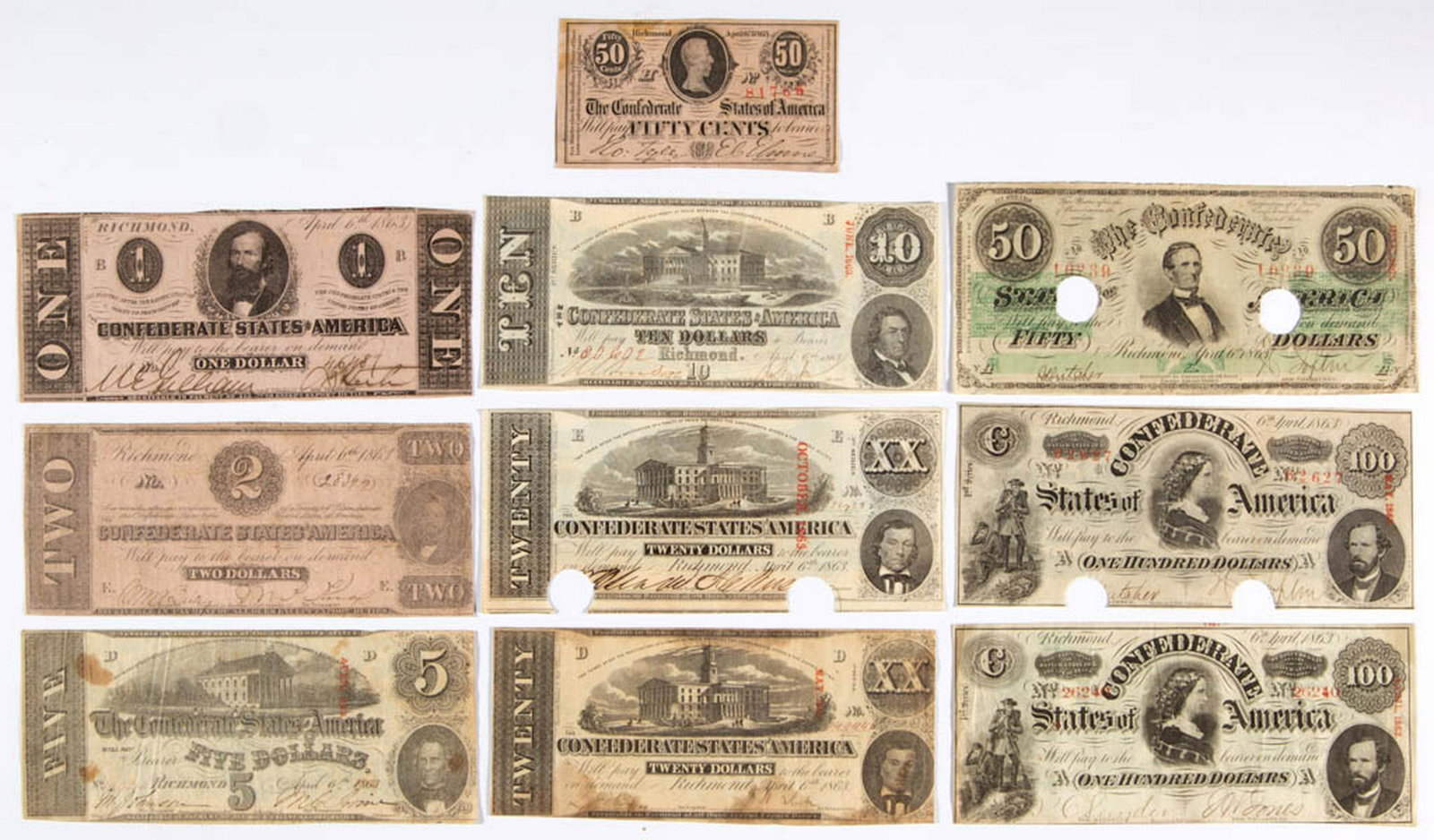 ASSORTED CONFEDERATE STATES CIVIL WAR CURRENCY / NOTES,: ASSORTED CONFEDERATE STATES CIVIL WAR CURRENCY / NOTES, LOT OF TEN, comprising 50 cents, $1, $2, $5, $10, $20 (two), $50, and $100 (two). April 6, 1863. Appear in VG to AU condition, three with cut-ou