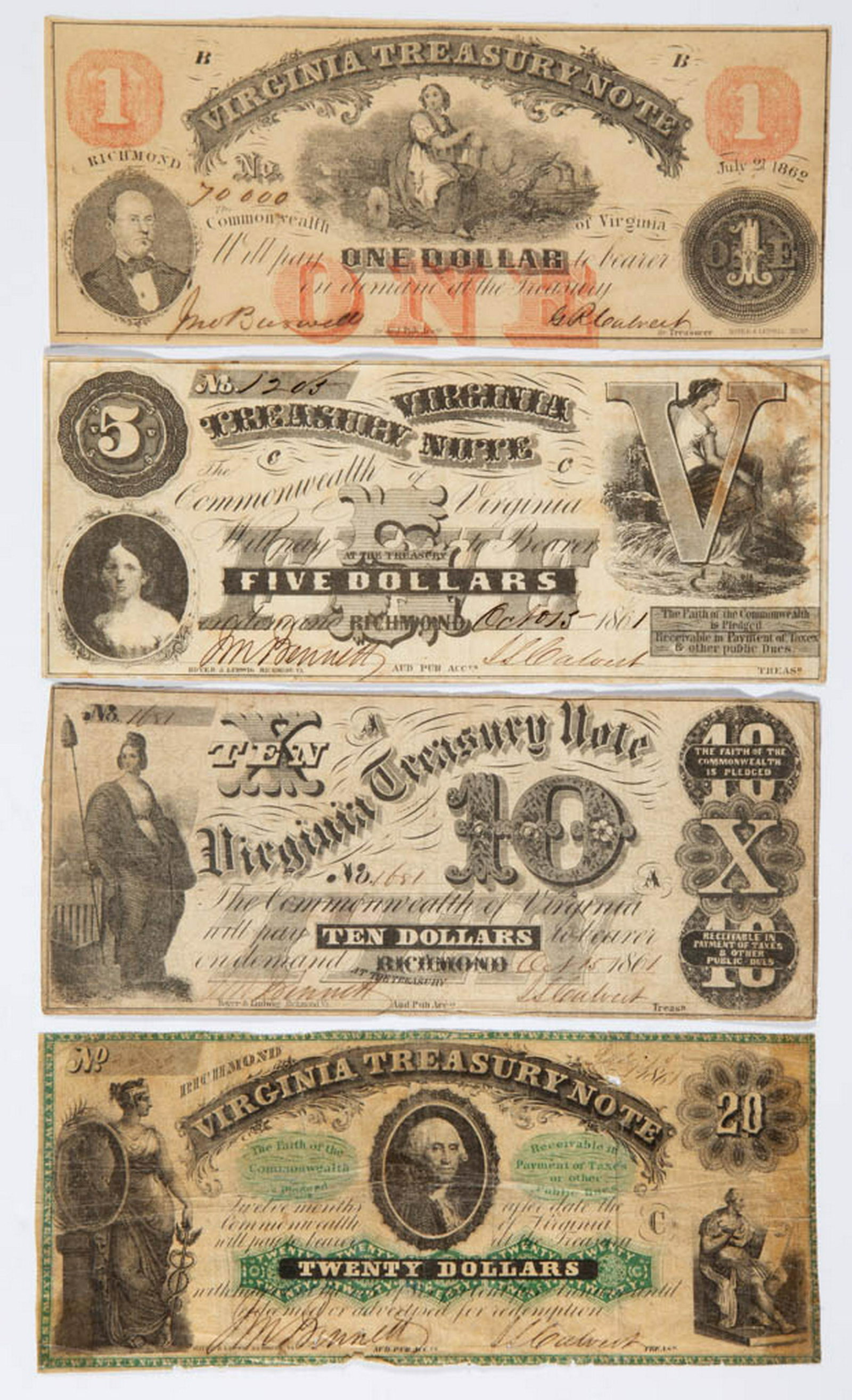 VIRGINIA TREASURY CIVIL WAR OBSOLETE CURRENCY / NOTES,: VIRGINIA TREASURY CIVIL WAR OBSOLETE CURRENCY / NOTES, LOT OF FOUR, comprising $1, $5, $10, and $20, one with green and one with red overprint. July 15, 1861, October 15, 1861, and July 21, 1862. Appe