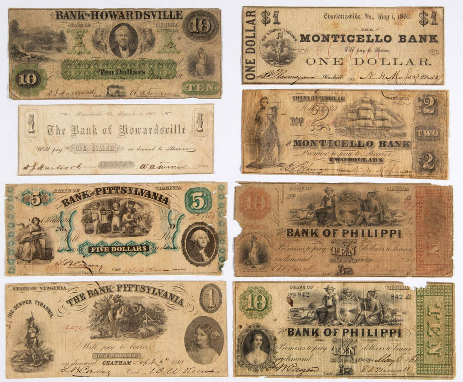 ASSORTED VIRGINIA OBSOLETE CURRENCY / NOTES, LOT OF: ASSORTED VIRGINIA OBSOLETE CURRENCY / NOTES, LOT OF EIGHT, comprising Monticello Bank $1 and $2; Bank of Philippi two different $10; Bank of Howardsville $1 and $10; and Bank of Pittsylvania $1 and $5