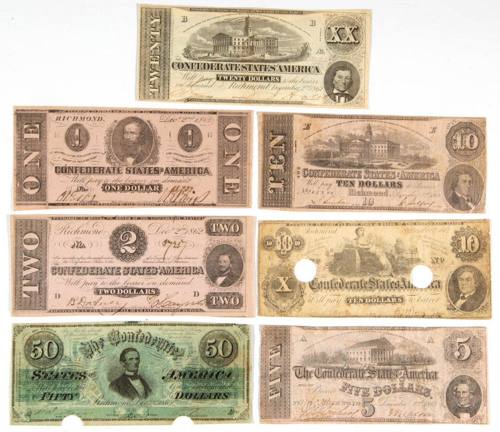 ASSORTED CONFEDERATE STATES CIVIL WAR CURRENCY / NOTES,: ASSORTED CONFEDERATE STATES CIVIL WAR CURRENCY / NOTES, LOT OF SEVEN, comprising $1, $2, $5, $10 (two), $20, and $50. September 2, 1862, and December 2, 1862. Appear in VG to AU condition, two with cu
