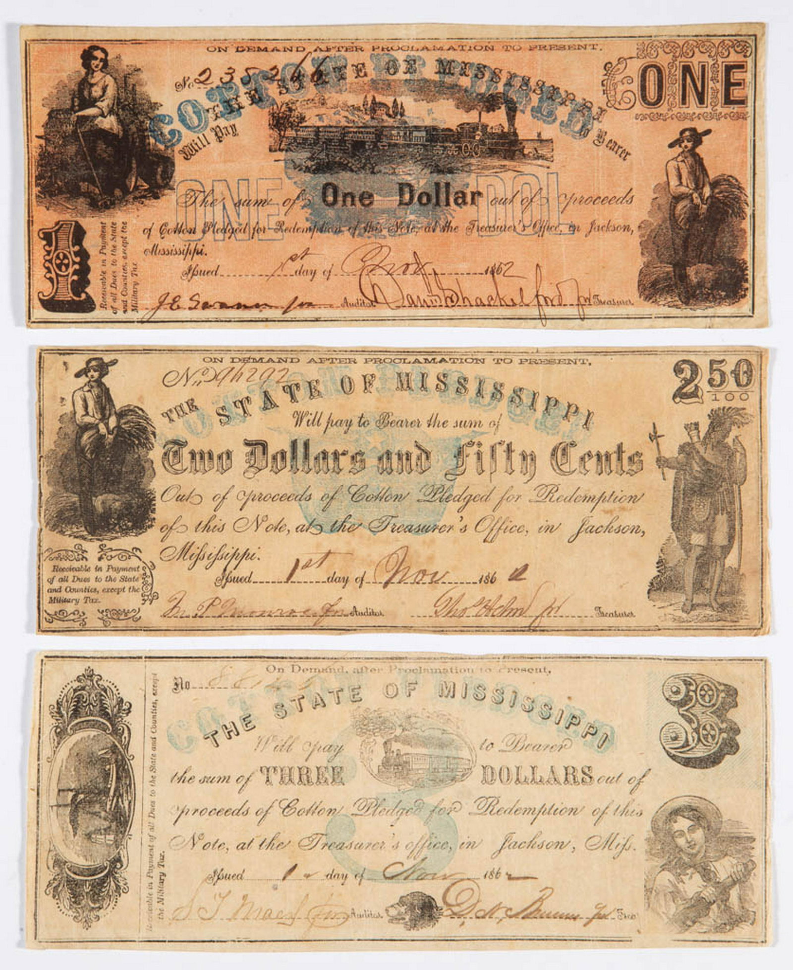 ASSORTED MISSISSIPPI CIVIL WAR OBSOLETE CURRENCY /: ASSORTED MISSISSIPPI CIVIL WAR OBSOLETE CURRENCY / NOTES, LOT OF THREE, comprising $1, $2.50, and $3, each with blue overprint. November 1, 1862. Appear in VF or better condition. Not professionally g