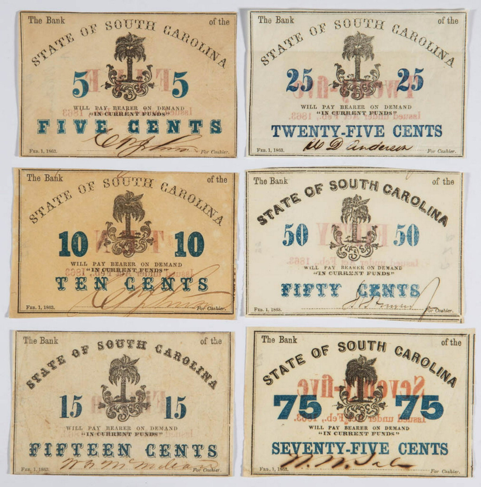 ASSORTED SOUTH CAROLINA CIVIL WAR OBSOLETE CURRENCY /: ASSORTED SOUTH CAROLINA CIVIL WAR OBSOLETE CURRENCY / NOTES, LOT OF SIX, 5 cents to 75 cents, each with red and blue overprints. February 1, 1863. Appear in VF or UNC condition, two with toning. Not p