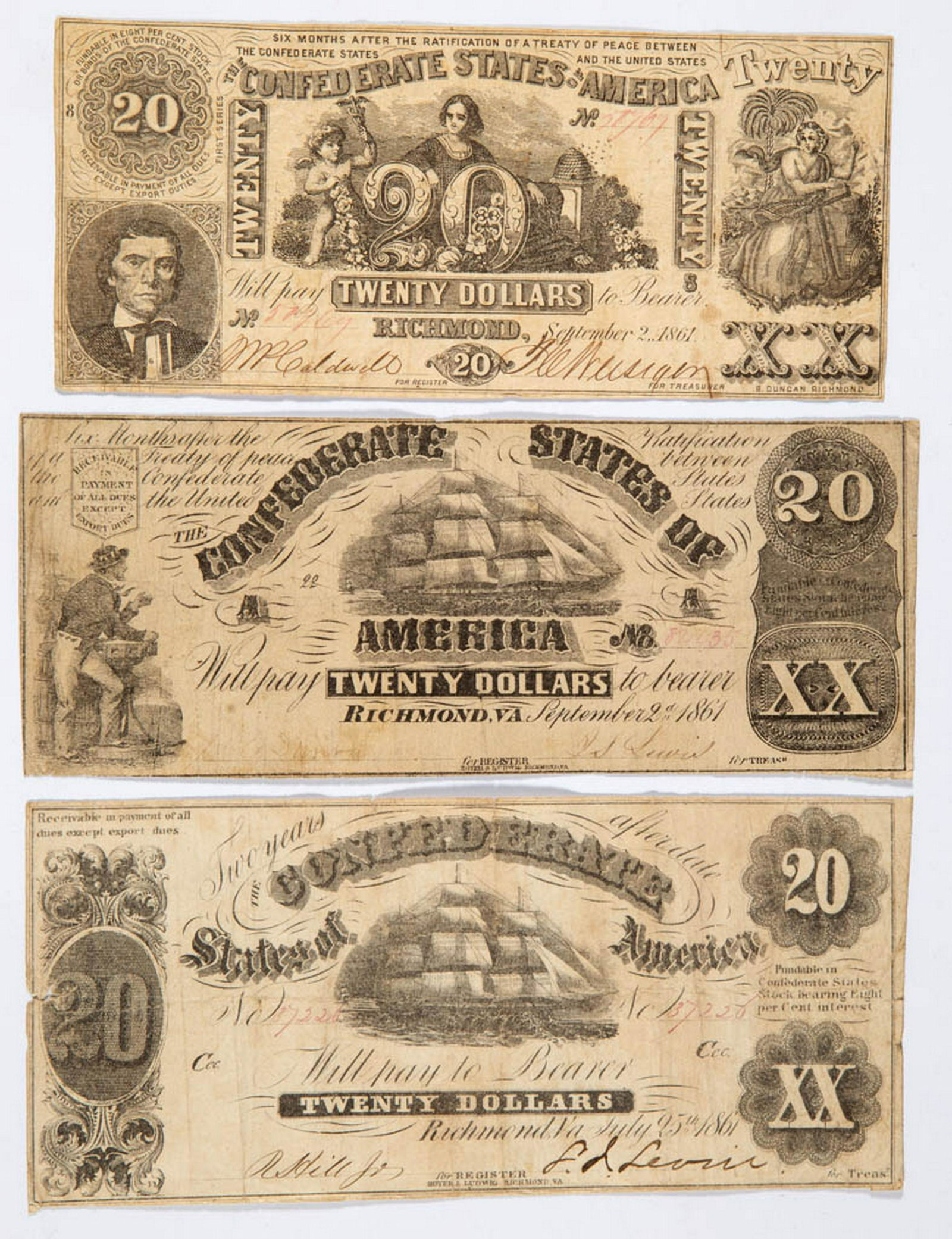 ASSORTED CONFEDERATE STATES $20 CIVIL WAR CURRENCY /: ASSORTED CONFEDERATE STATES $20 CIVIL WAR CURRENCY / NOTES, LOT OF THREE, comprising Types 9, 18, and 20. July 25, 1861 and September 2, 1861. Appear in VG to F condition, one hammer cancelled. Not pr