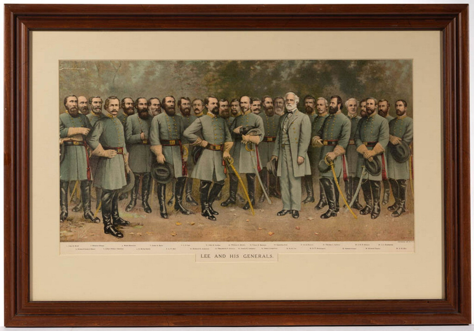 CIVIL WAR CONFEDERATE PRINT: CIVIL WAR CONFEDERATE PRINT, chromolithograph on paper, "LEE AND HIS GENERALS", W. B. Graham Co., Washington, DC, 1907. Housed and matted under glass in a modern frame. Early 20th century. 11 3/4" x 2