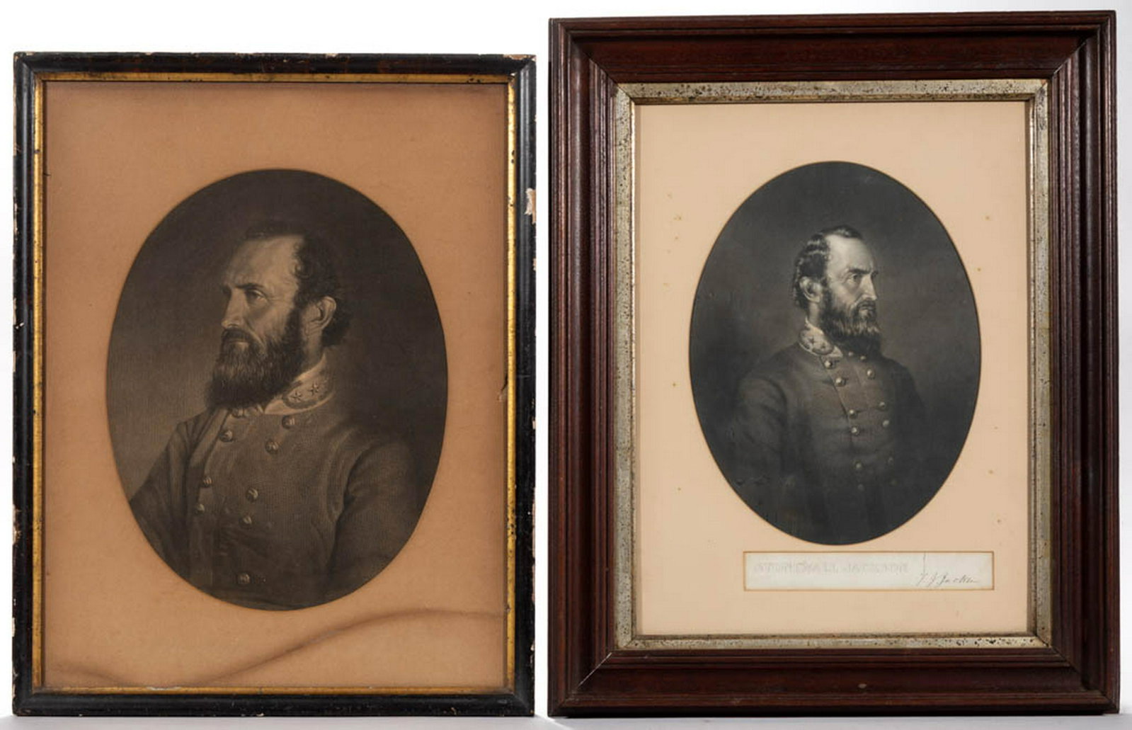 CIVIL WAR GENERAL THOMAS J. "STONEWALL" JACKSON PRINTS,: CIVIL WAR GENERAL THOMAS J. "STONEWALL" JACKSON PRINTS, LOT OF TWO, steel engravings on paper, one titled and with facsimile signature. Each housed and matted under glass in period frame, one being mo