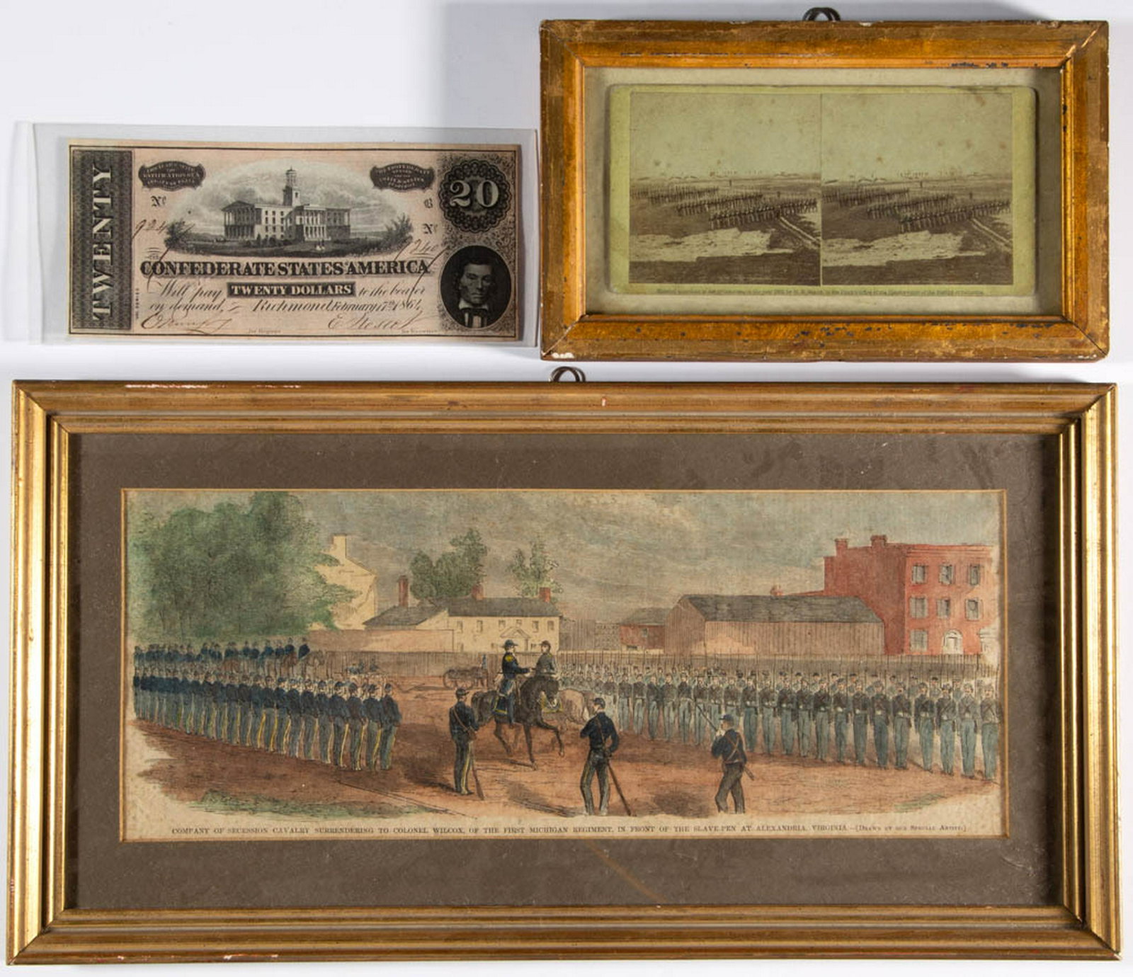 ASSORTED CIVIL WAR ERA EPHEMERA, LOT OF THREE: ASSORTED CIVIL WAR ERA EPHEMERA, LOT OF THREE, comprising a Matthew Brady stereoview, a Harper's Weekly "COMPANY OF SECESSION CAVALRY SURRENDERING TO COLONEL WILCOX, OF THE FIRST MICHIGAN REGIMENT, IN