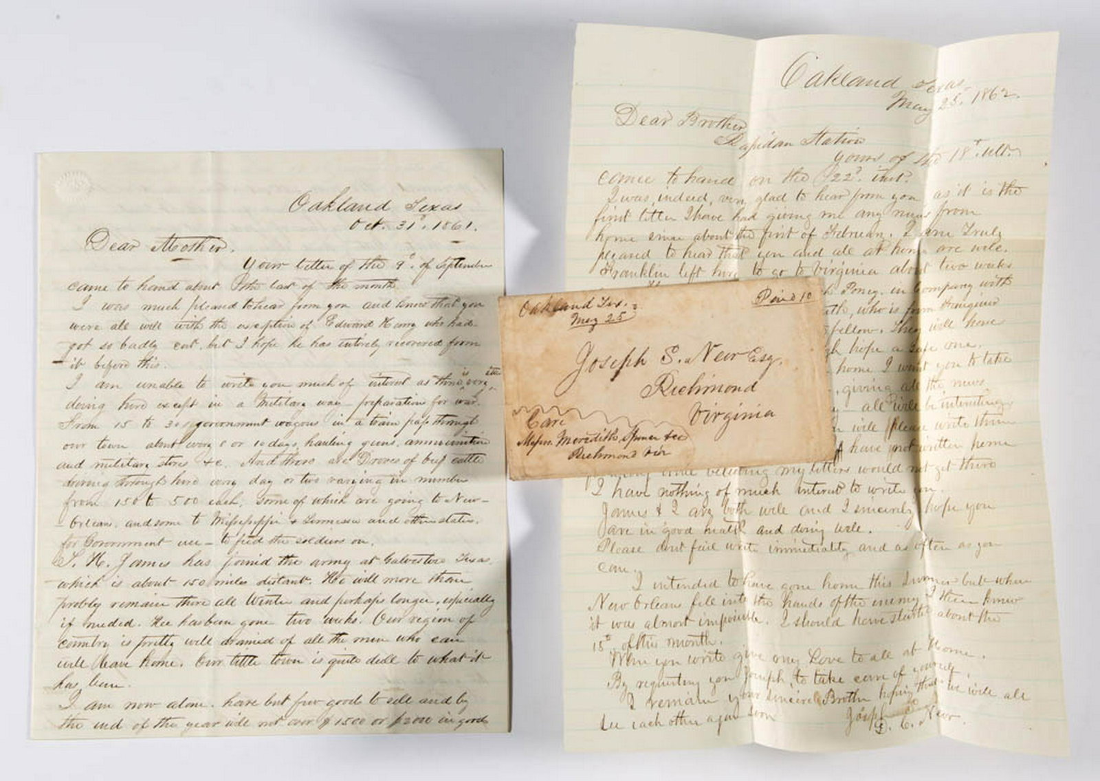 CIVIL WAR CONFEDERATE, PVT. D. C. NEER, OAKLAND GUARDS,: CIVIL WAR CONFEDERATE, PVT. D. C. NEER, OAKLAND GUARDS, TEXAS MANUSCRIPT LETTERS, LOT OF TWO, three-page ink and one page ink on lined paper, comprising a letter to his mother dated October 31, 1861, 