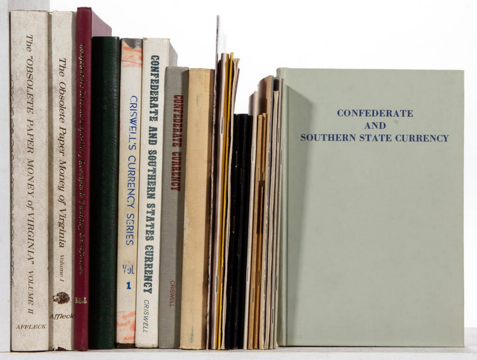 CIVIL WAR CONFEDERATE CURRENCY AND STAMP VOLUMES, LOT: CIVIL WAR CONFEDERATE CURRENCY AND STAMP VOLUMES, LOT OF 23, including Affleck, "The Obsolete Paper Money of Virginia", Vol. I and II, The Virginia Numismatic Assoc., 1968, Limited editions #356 and #