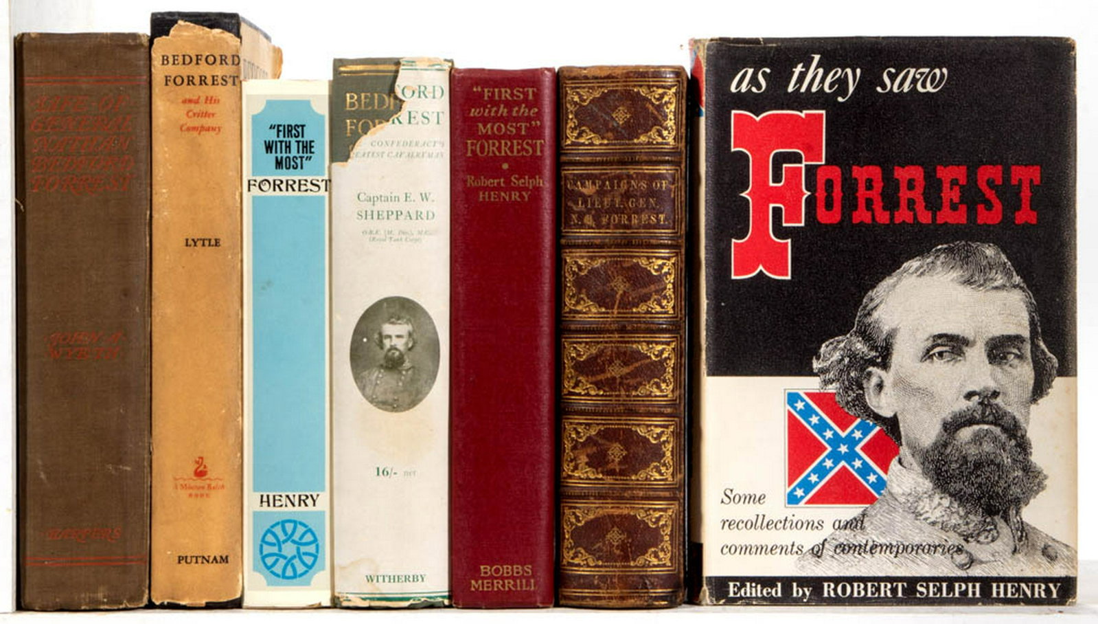 CIVIL WAR CONFEDERATE FORREST BIOGRAPHY VOLUMES, LOT OF: CIVIL WAR CONFEDERATE FORREST BIOGRAPHY VOLUMES, LOT OF SEVEN, including Jordan & Pryor, "The Campaigns of Lieut.-Gen. N.B. Forrest, and the Forrest's Cavalry", New Orleans: Blelock & Co., 1868; Wyeth
