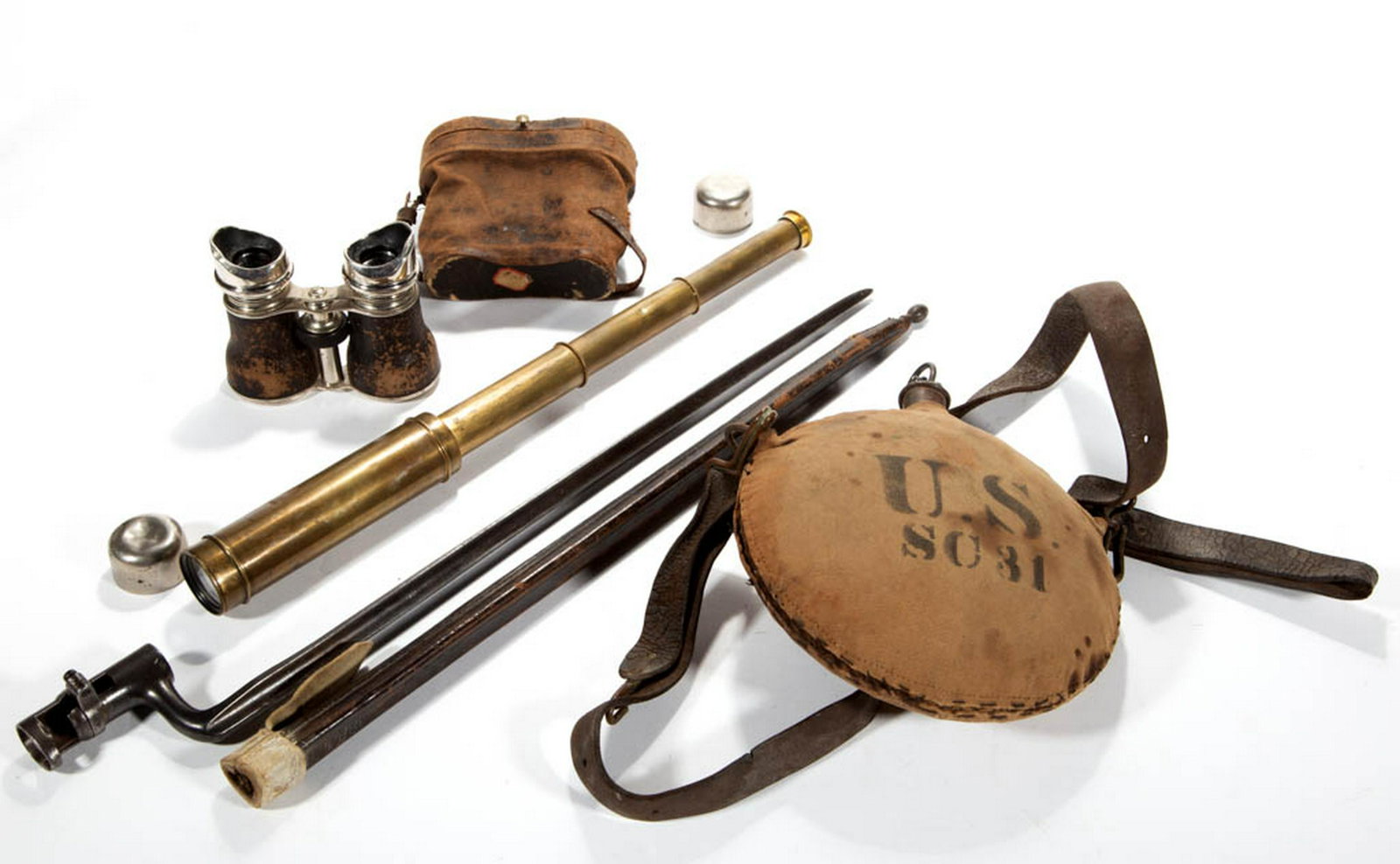 ASSORTED MILITARY AND OTHER ARTICLES, LOT OF FOUR: ASSORTED MILITARY AND OTHER ARTICLES, LOT OF FOUR, comprising a US Model 1878 Indian Wars canteen with leather strap; a socket bayonet with original leather sheath marked "2642" and "1884"; a brass sp