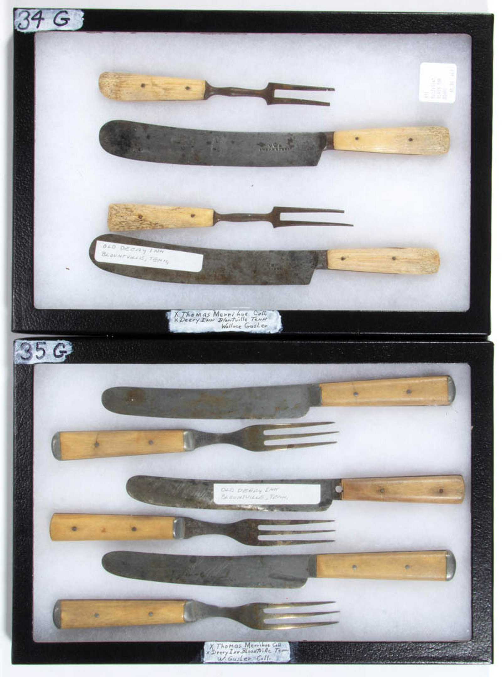 ANTIQUE CUTLERY, LOT OF TEN: ANTIQUE CUTLERY, LOT OF TEN, comprising a four-pieced set of two-tined forks and blunt-tipped knives and a six-pieced set of three-tined forks and blunt-tipped knives, all having bone handles. Two kni