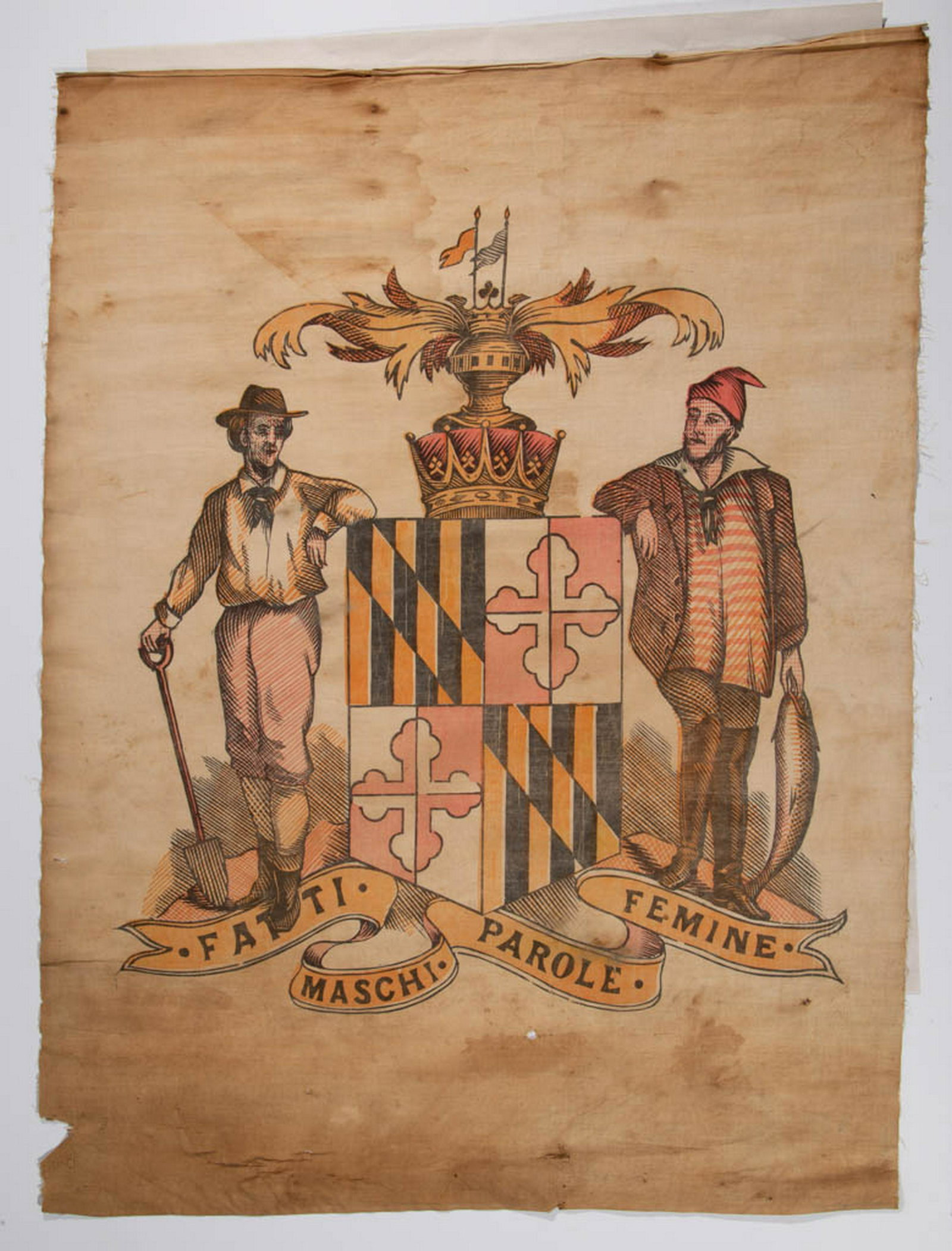 MARYLAND STATE COAT OF ARMS BANNER: MARYLAND STATE COAT OF ARMS BANNER, ink on fabric, layered tri-color print featuring a shield to the center topped by a crown and armor helmet, flanked by a fisherman and a man holding a shovel, "FATT