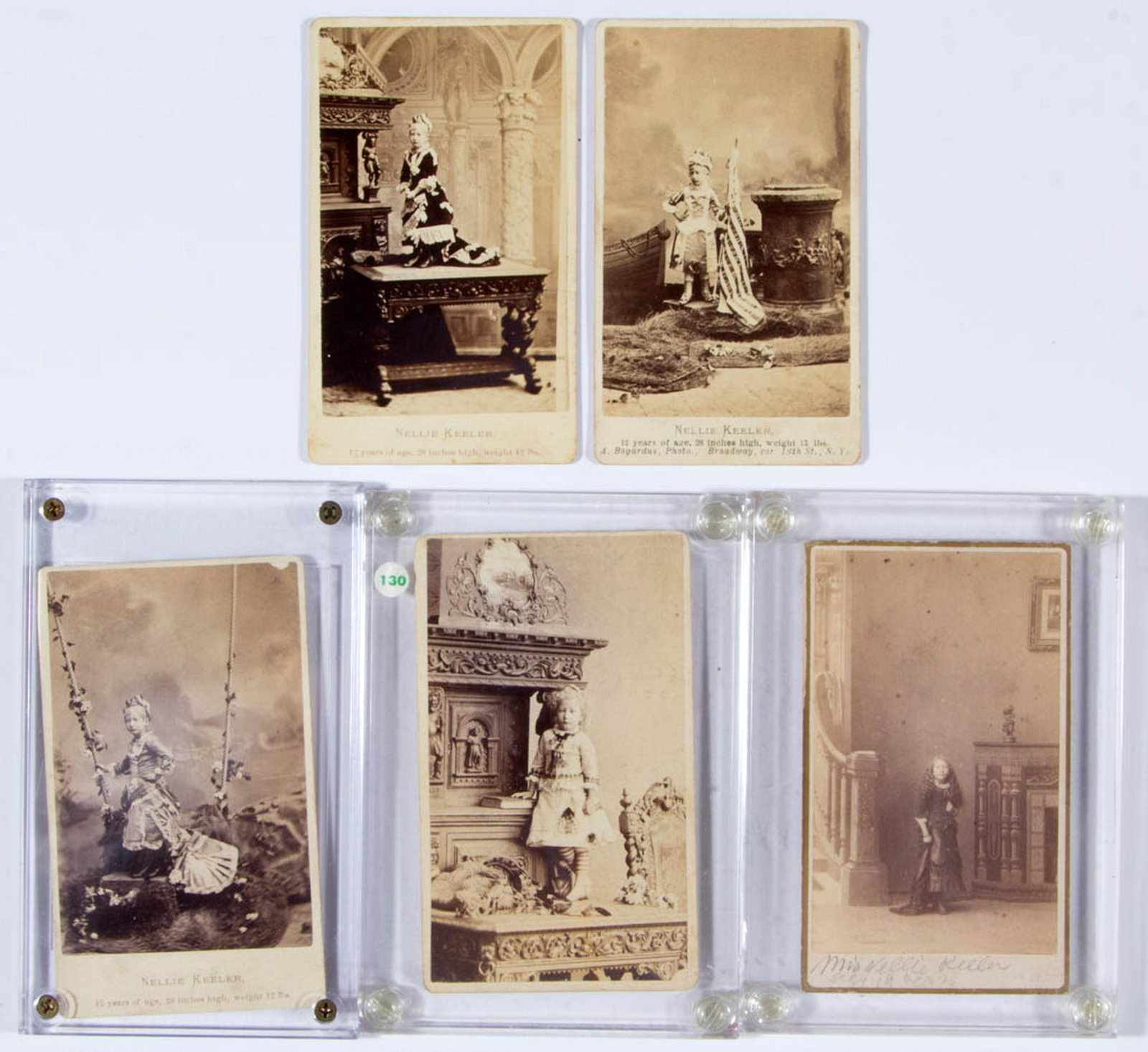 CIRCUS / SIDESHOW PERFORMER CARTES DE VISITE, LOT OF: CIRCUS / SIDESHOW PERFORMER CARTES DE VISITE, LOT OF FIVE, featuring Nellie Keeler, each by photographed by Bogardus, New York. Second half 19th century. 4" x 2 1/4". Each in very good overall conditi