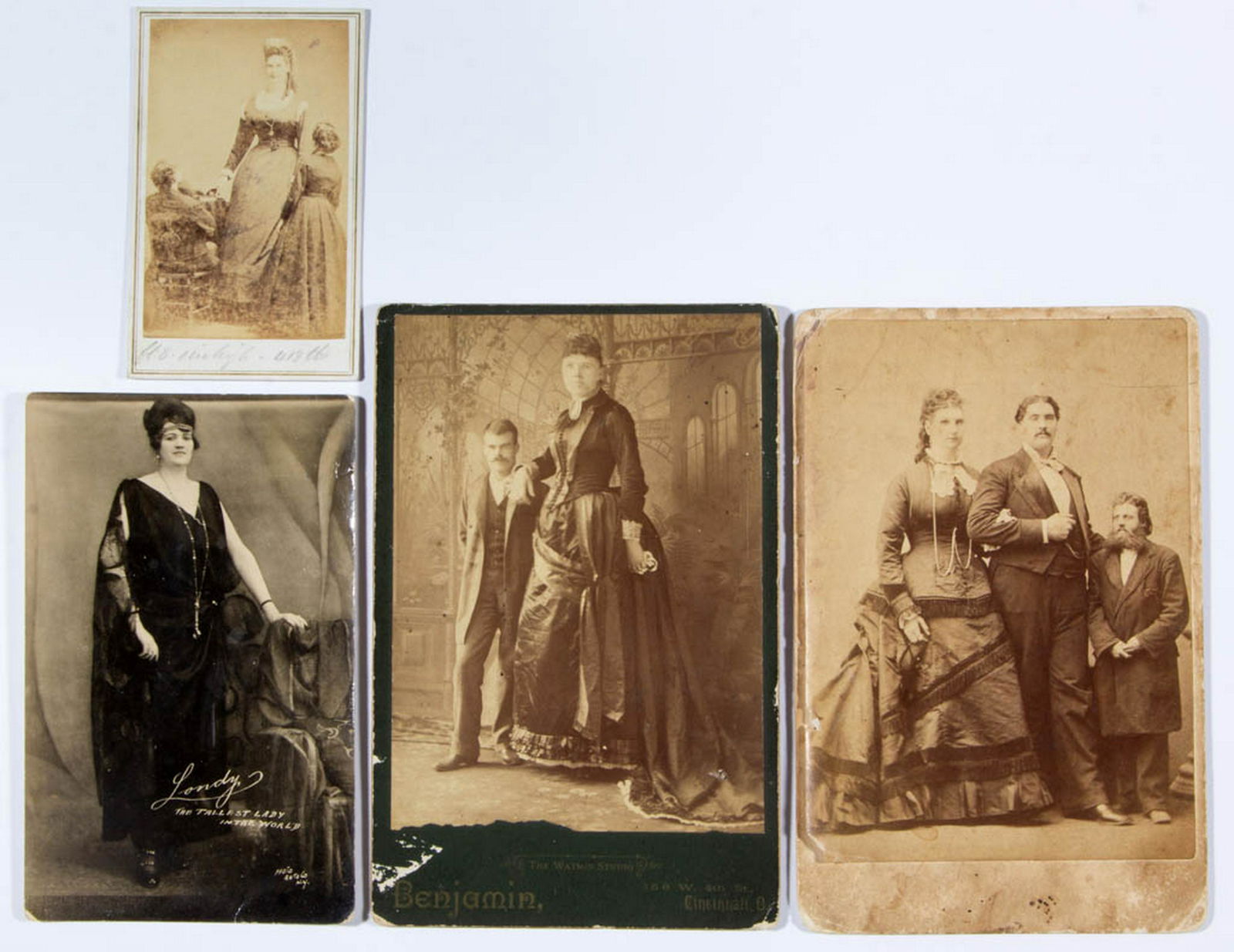 CIRCUS / SIDESHOW PERFORMER CABINET CARD / PHOTOGRAPHIC: CIRCUS / SIDESHOW PERFORMER CABINET CARD / PHOTOGRAPHIC IMAGES, LOT OF FOUR, comprising a cartes de visite of Anna Haining Bates, a cabinet card of Anna with her husband Martin Van Buren Bates, inscri