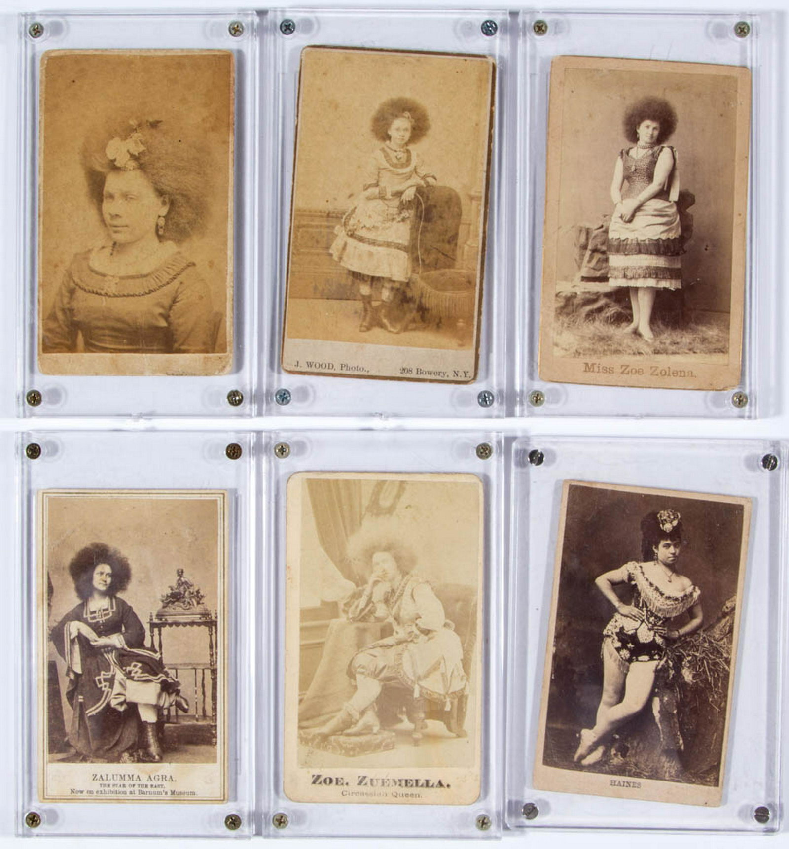 CIRCUS / SIDESHOW PERFORMER CARTES DE VISITE, LOT OF 14: CIRCUS / SIDESHOW PERFORMER CARTES DE VISITE, LOT OF 14, each featuring circassian and circus performers, including Zalumma Agra, Miss Zoe Zolena, and Jobeido Lutz. Photographers include Eisenmann and