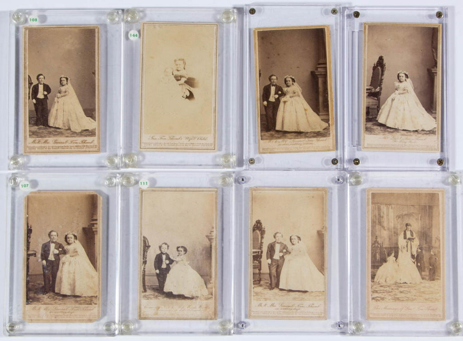TOM THUMB / FAIRY WEDDING PARTY CARTES DE VISITE, LOT: TOM THUMB / FAIRY WEDDING PARTY CARTES DE VISITE, LOT OF 17, each published by E. & H.T. Anthony from photographic negative by Brady, and with double-blind stamps, 14 with facsimile signatures on the 