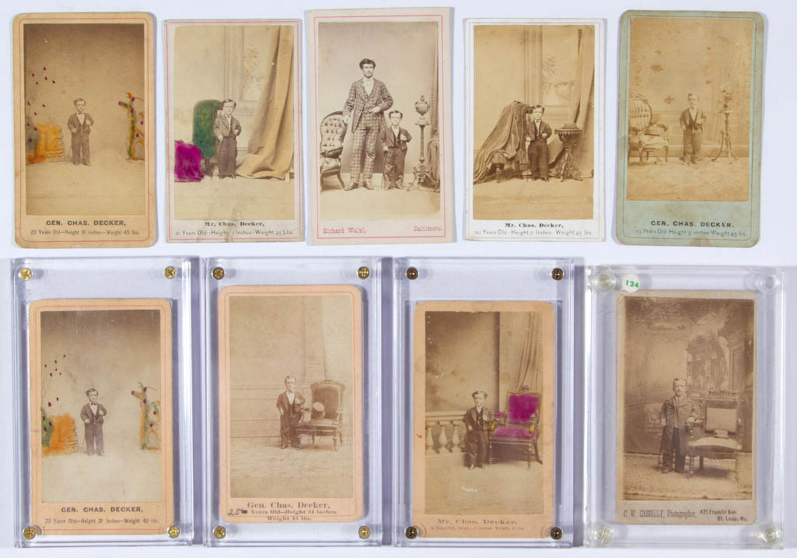 CIRCUS / SIDESHOW PERFORMER CARTES DE VISITE, LOT OF 17: CIRCUS / SIDESHOW PERFORMER CARTES DE VISITE, LOT OF 17, each featuring Charles Decker / General Charles Decker, including one with his manager. Second half 19th century. One 4" x 2 1/2". Good to very