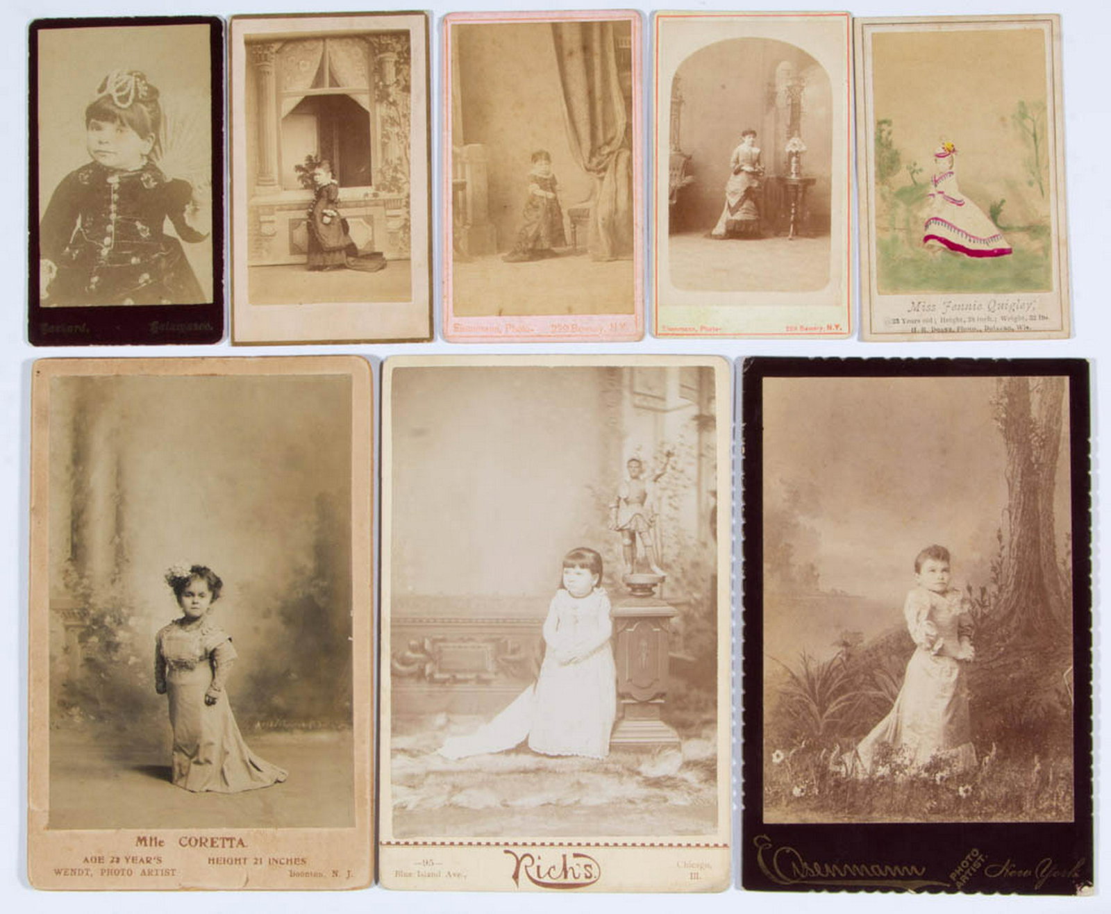 CIRCUS / SIDESHOW PERFORMER CARTES DE VISITE / CABINET: CIRCUS / SIDESHOW PERFORMER CARTES DE VISITE / CABINET CARDS, LOT OF 15, including Maggie Minott, Miss Jennie Quigley, Mile Coretta, Little Rosie and Lucia Zarate, marks for photographers include Eise