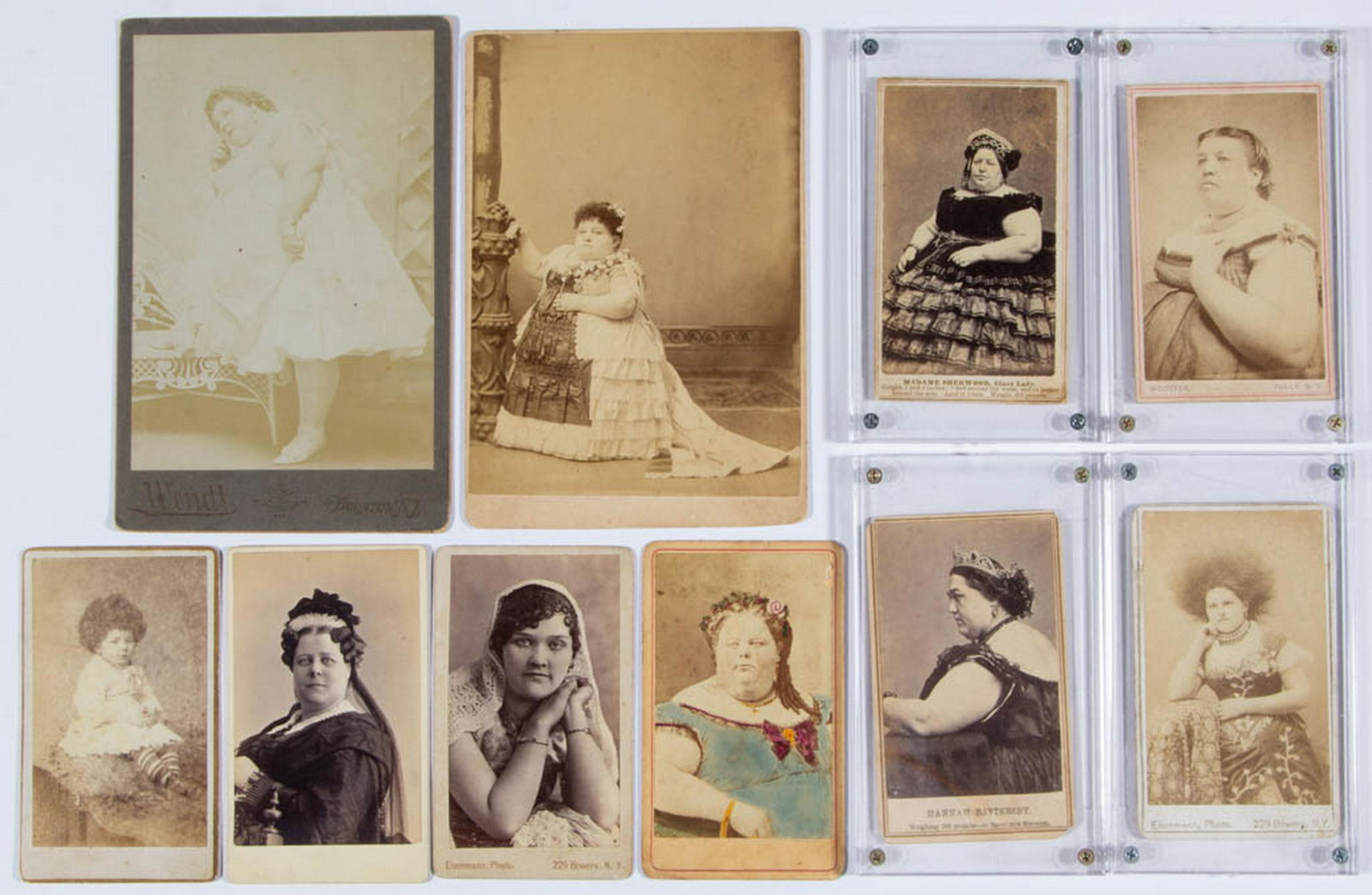 CIRCUS / SIDESHOW PERFORMER CARTES DE VISITE / CABINET: CIRCUS / SIDESHOW PERFORMER CARTES DE VISITE / CABINET CARDS, LOT OF TEN, including Ada Briggs, Hannah Battersby, Carrie Akers, and Madame Sherwood, marked for photographers includes Wendt, Bogardus, 