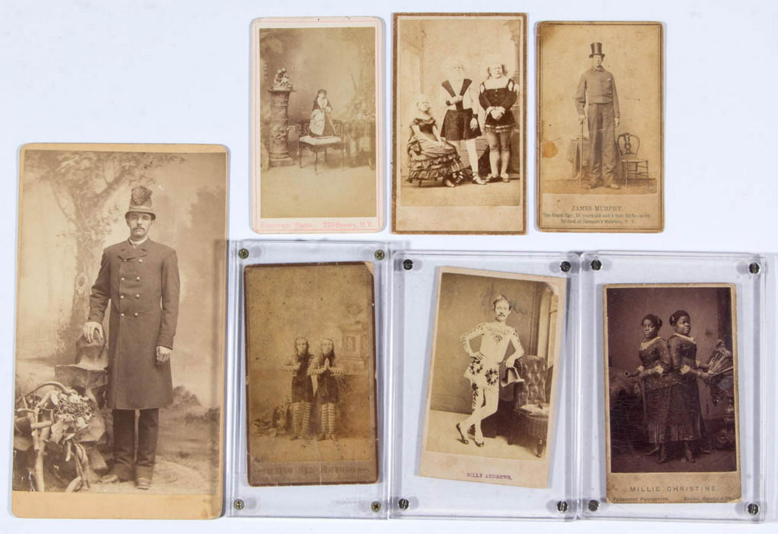CIRCUS / SIDESHOW PERFORMER PHOTOGRAPHIC IMAGES, LOT OF: CIRCUS / SIDESHOW PERFORMER PHOTOGRAPHIC IMAGES, LOT OF 23, including Millie Christine, Waino and Plutano, Happy Jack, James Murphy, Capt. Smith Cook, Princess Wee Wee, and The Original Eliophobus Fam