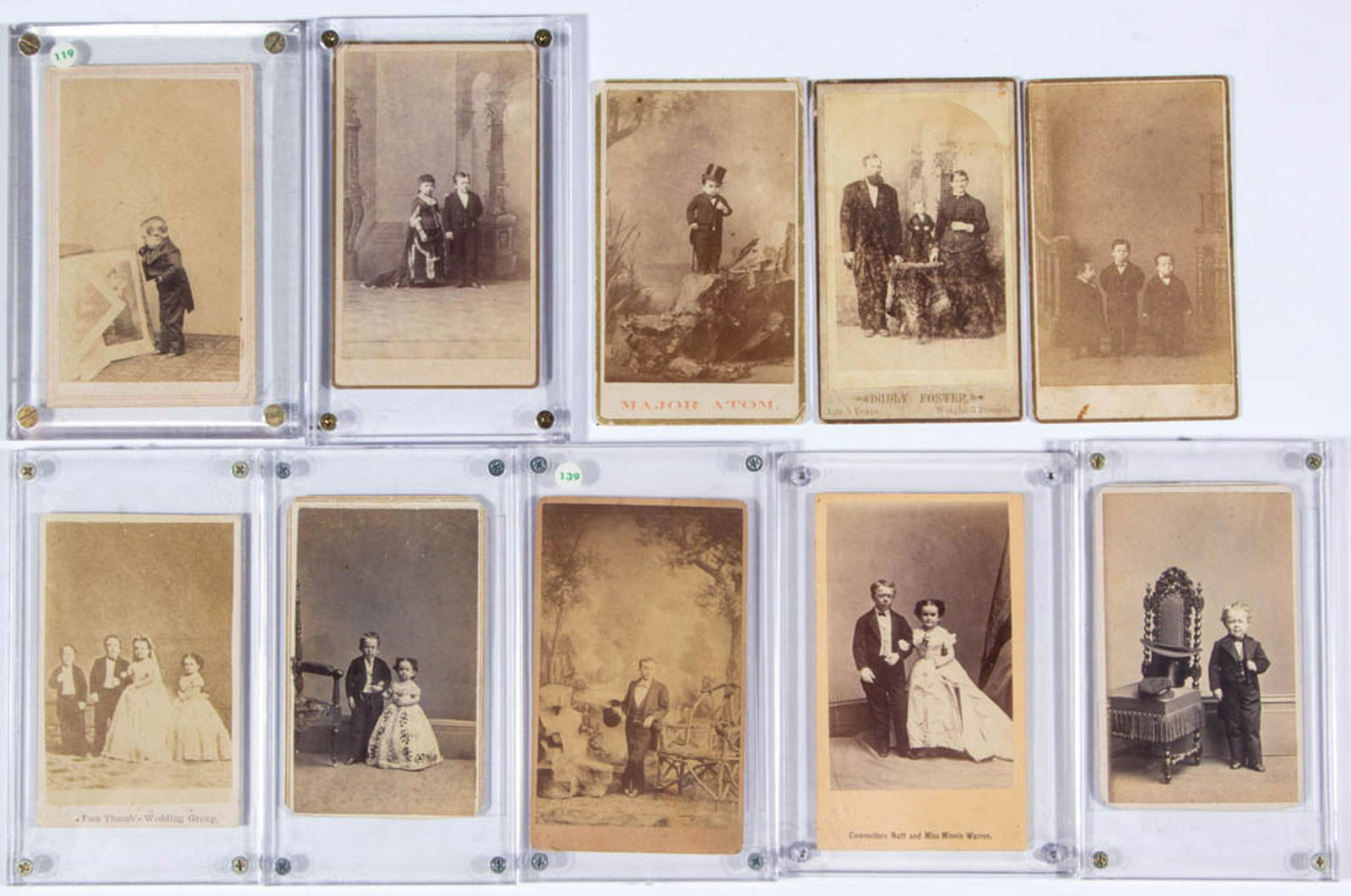 CIRCUS / SIDESHOW PERFORMER CARTES DE VISITE, LOT OF 20: CIRCUS / SIDESHOW PERFORMER CARTES DE VISITE, LOT OF 20, including Commodore Nutt, General Mite, Dudley Foster, Herman and Augusta Rice, Admiral Dot, Major Atom, and one possibly of Major Ray, marked 