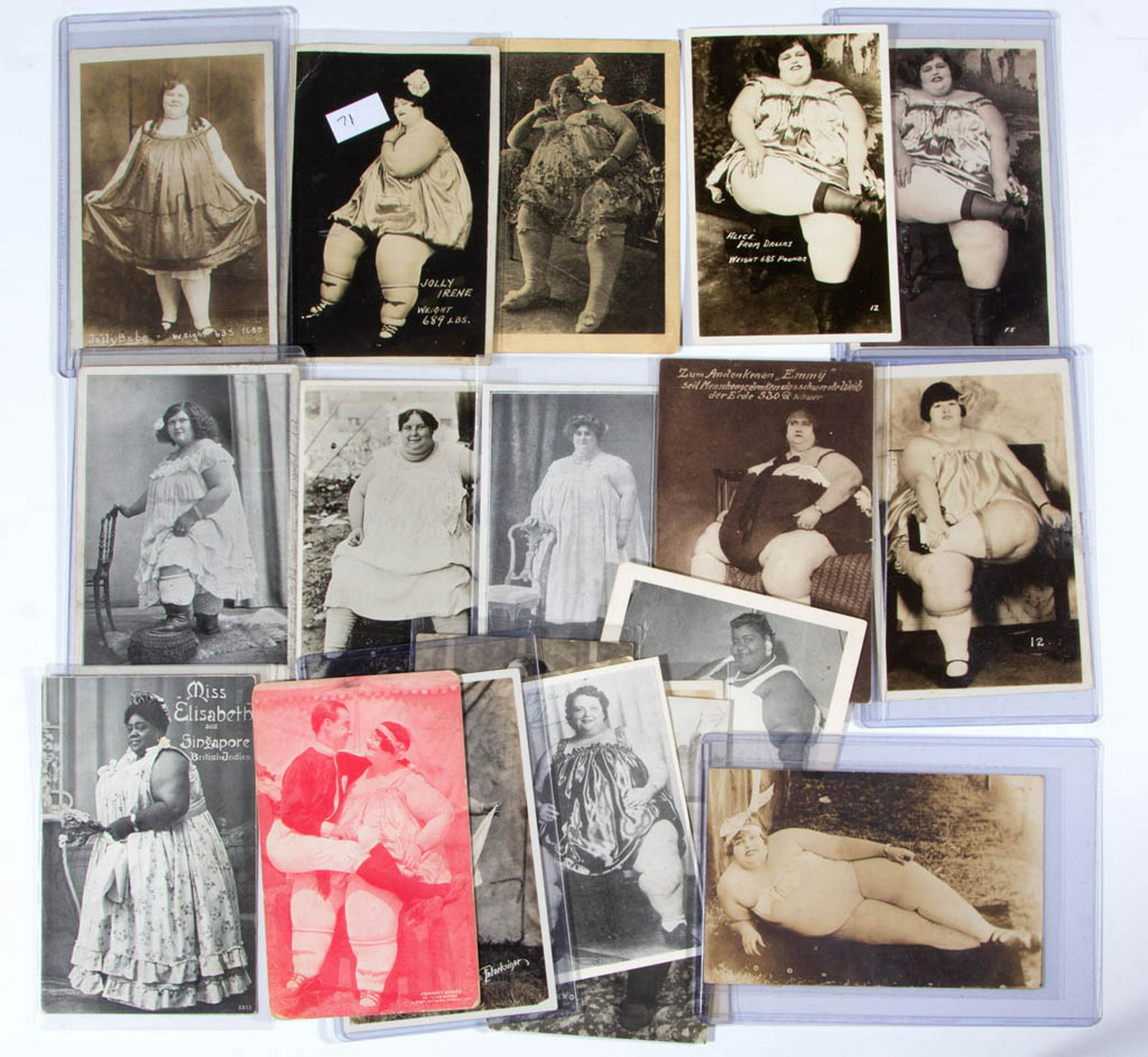 CIRCUS / SIDESHOW PERFORMER POST CARD / PHOTOGRAPHIC: CIRCUS / SIDESHOW PERFORMER POST CARD / PHOTOGRAPHIC IMAGES, LOT OF 20, including Jolly Irene, Baby Flo, Jolly Babe, Jolly Ray, Fat Alice from Dallas, and Jolly Ollie. Baby Flo example signed "Flora M