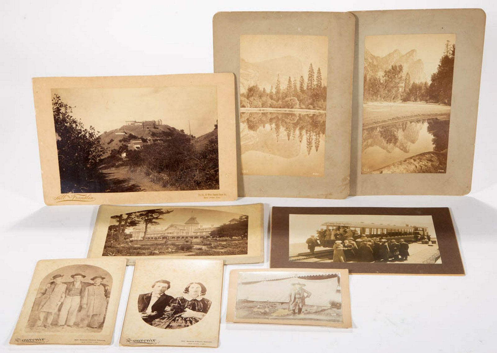 WESTERN UNITED STATES PHOTOGRAPHS, LOT OF EIGHT: WESTERN UNITED STATES PHOTOGRAPHS, LOT OF EIGHT, Albumen prints on board, including "Buffalo Bill" Cody standing with cane in front of a tent; two Yosemite Valley, California views with inked title on
