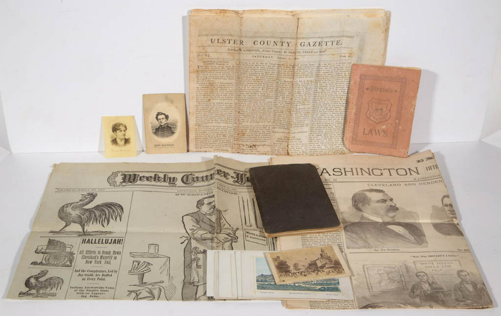 ASSORTED HISTORICAL EPHEMERA, LOT OF 18: ASSORTED HISTORICAL EPHEMERA, LOT OF 18, including ten lithograph on card views of the 1876 Philadelphia Centennial Exposition; a celluloid card with printed image of Mrs. Grover Cleveland; an early f