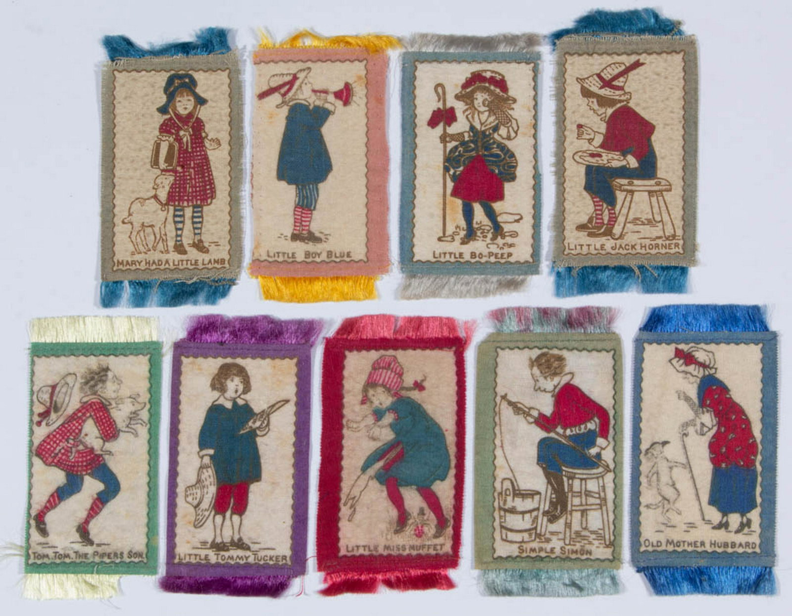 AMERICAN NURSERY RHYME TOBACCO FELTS, LOT OF NINE: AMERICAN NURSERY RHYME TOBACCO FELTS, LOT OF NINE, possibly a complete set, comprising "Little Tommy Tucker", "Mary Had A Little Lamb", "Little Miss Muffet", "Tom Tom. The Piper's Son", "Little Boy Bl