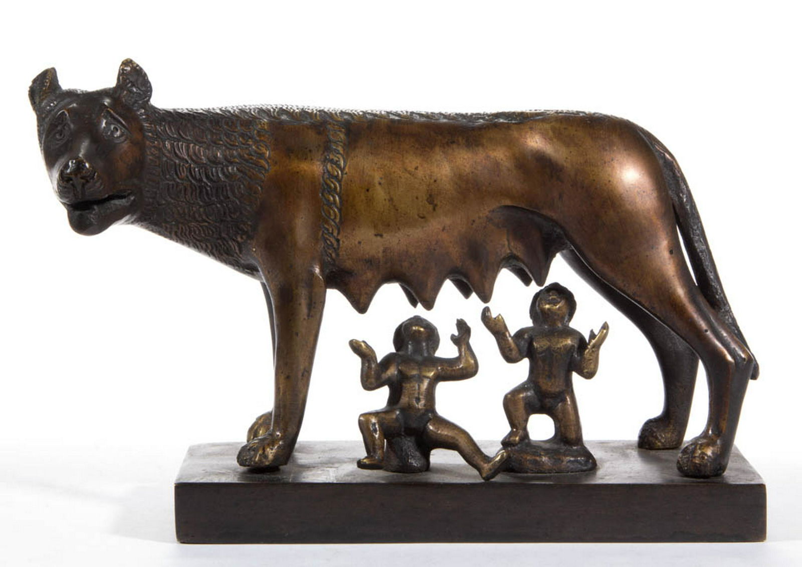 ITALIAN "LA LUPA CAPITOLINA" BRONZE STATUE: ITALIAN "LA LUPA CAPITOLINA" BRONZE STATUE, depicting Romulus and Remus being suckling by a she-wolf, figures bolted to a bronze base. Circa 1920. 5 1/2" H, 8 1/2" L.Excellent condition.Provenance: Fr