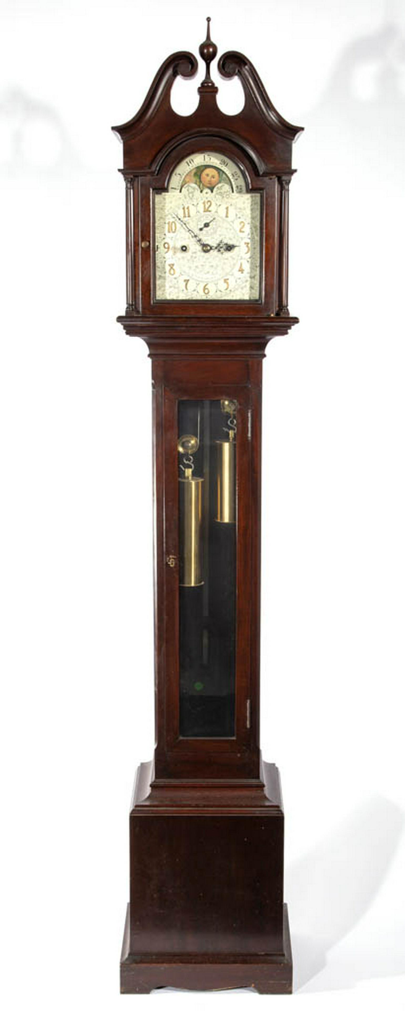 J.E. CALDWELL & CO. MAHOGANY GRANDMOTHER TALL-CASE: J.E. CALDWELL & CO. MAHOGANY GRANDMOTHER TALL-CASE CLOCK, eight-day brass movement, housed in broken-arch pediment hood, tombstone-arched glass panel door, over rectangular case having single light do