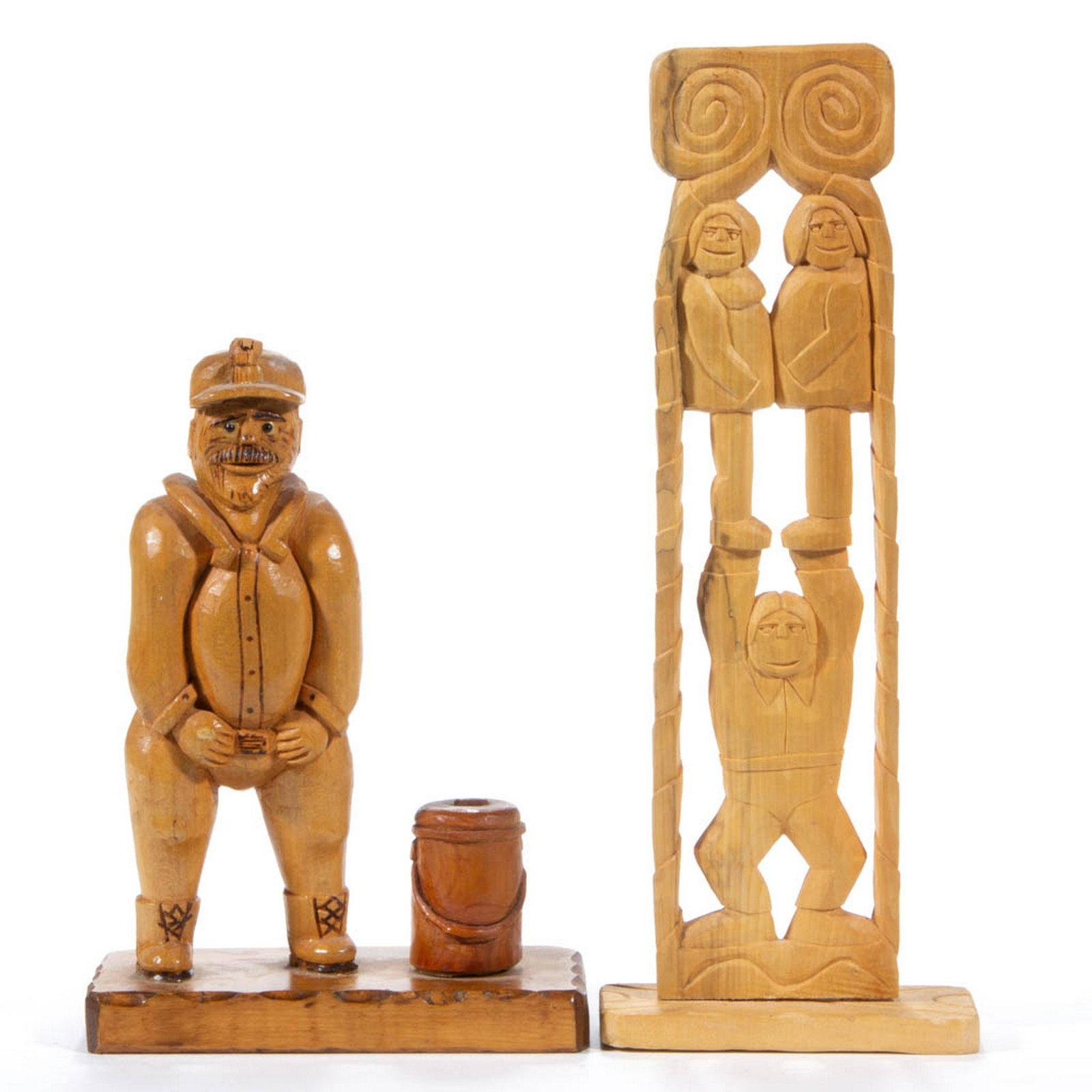 REV. HERMAN HAYES (WEST VIRGINIA 1923-2012) FOLK ART: REV. HERMAN HAYES (WEST VIRGINIA 1923-2012) FOLK ART TOTEM CARVING, depicting a possible strongman holding up two ladies, signed "Rev. Hayes / 1980 Wva.", original surface. Together with a folk art ca