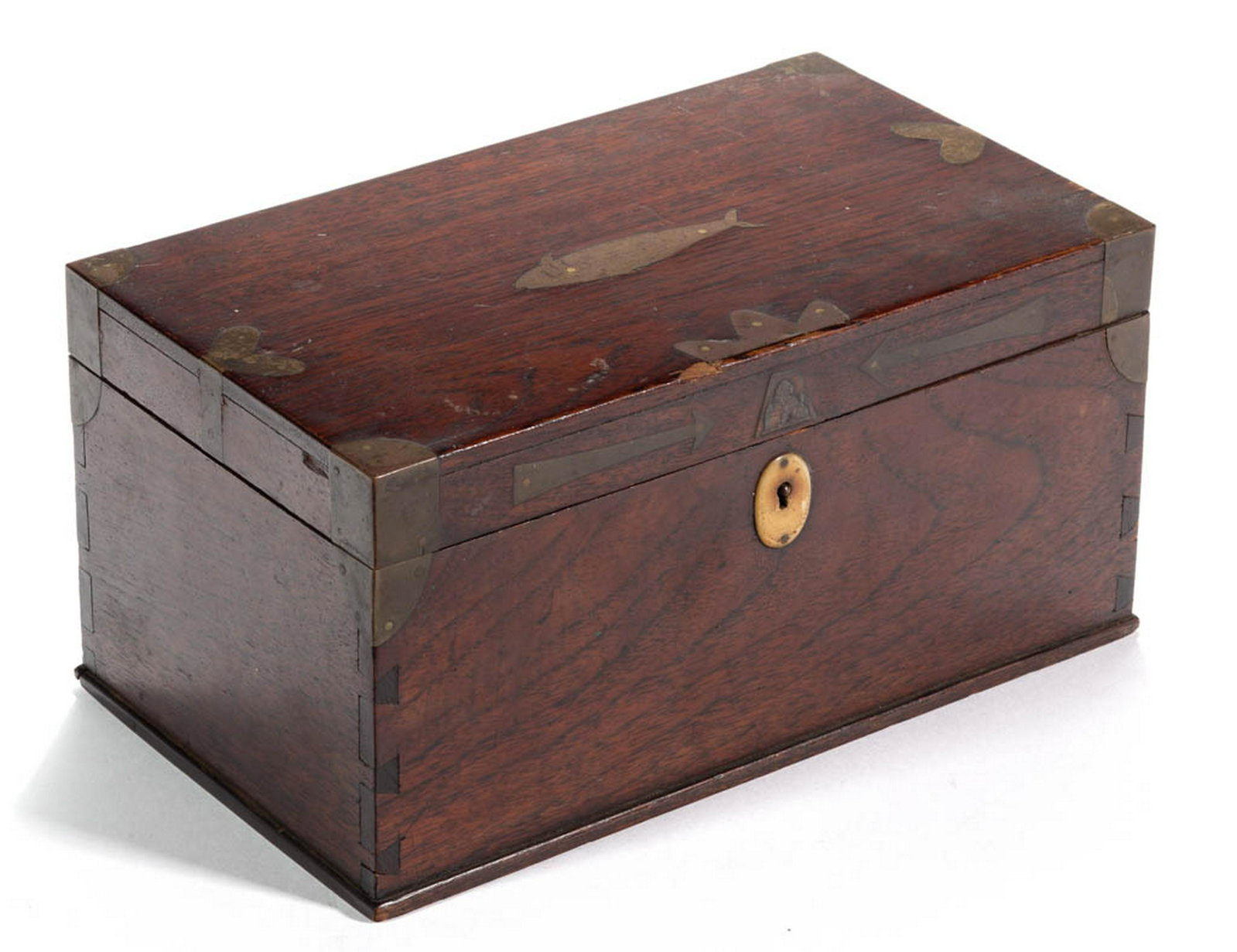 FOLK ART INLAID MAHOGANY DOCUMENT BOX: FOLK ART INLAID MAHOGANY DOCUMENT BOX, with brass inlay, hinged lid featuring a fish and two arrows, above a dovetailed case with bone escutcheon. Retains an old refinished surface with warm color. Fi
