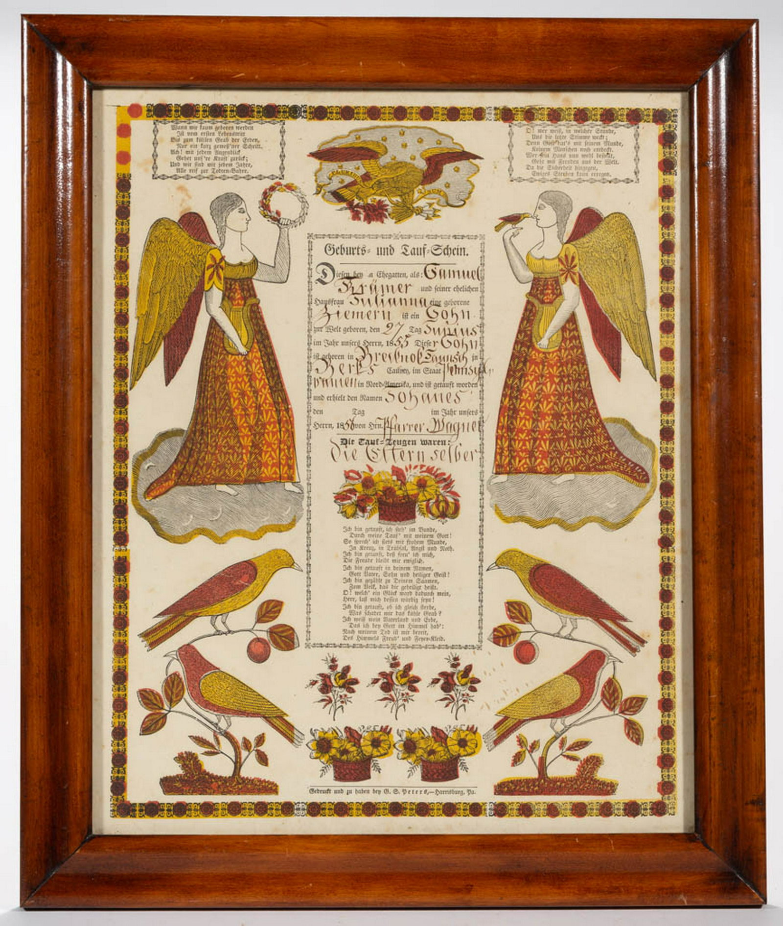 HARRISBURG, PENNSYLVANIA PRINTED AND HAND-COLORED: HARRISBURG, PENNSYLVANIA PRINTED AND HAND-COLORED FRAKTUR, inscribed for Harrer Wagner of Berks Co., born 1856, printed by G.S. Peters, Harrisburg, PA. Housed under glass in a later frame. Mid 19th ce