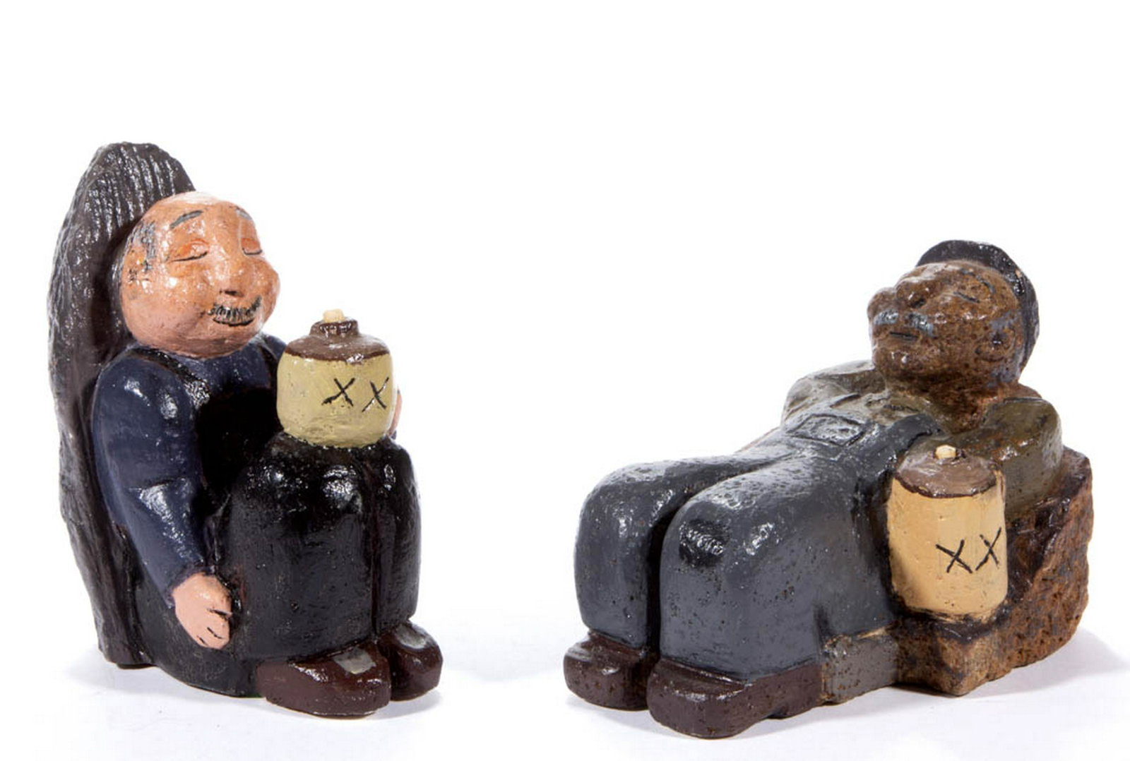 AMERICAN FOLK ART CARVED AND PAINTED SOAPSTONE FIGURES,: AMERICAN FOLK ART CARVED AND PAINTED SOAPSTONE FIGURES, LOT OF TWO, comprising two sleeping older gentleman with whiskey bottles, signed on the underside "Ng". Possibly Tennessee or Virginia. 20th cen