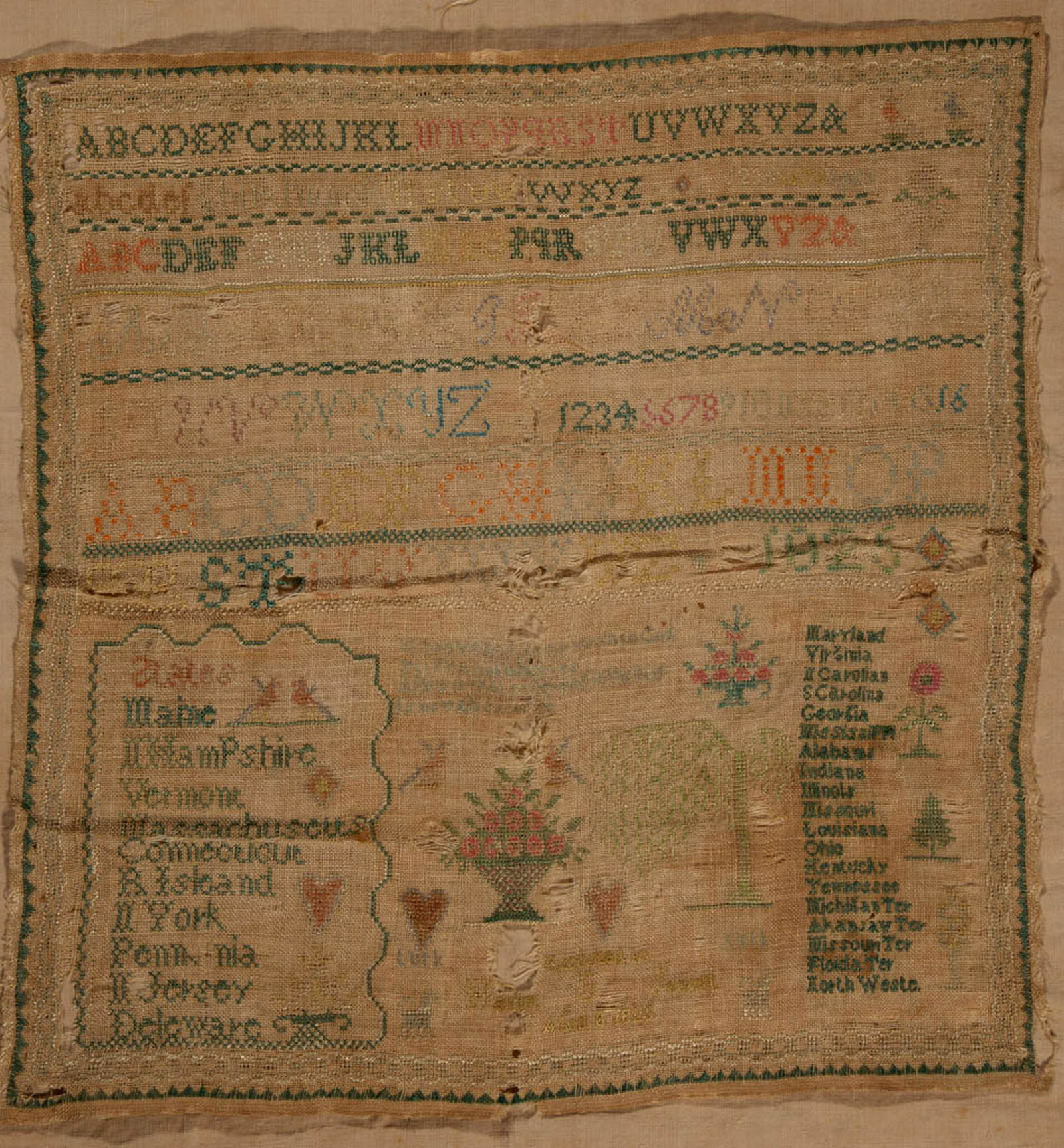 AMERICAN STATES AND TERRITORIES NEEDLEWORK SAMPLER: AMERICAN STATES AND TERRITORIES NEEDLEWORK SAMPLER, silk on linen, seven alphabet and numeral rows with "1825" in last row segmented by horizontal bands of decorative stitching, lower half with verse