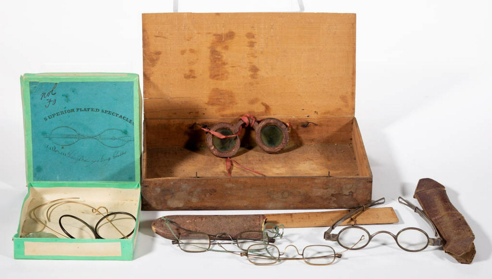 ASSORTED EYE GLASSES / SPECTACLES ARTICLES, LOT OF SIX.: ASSORTED EYE GLASSES / SPECTACLES ARTICLES, LOT OF SIX., including one stamped "30 P" and "MCALLISTER / PHILA'D" and a sun symbol, for Philadelphia optician, John McAllister, with leather case, a leat