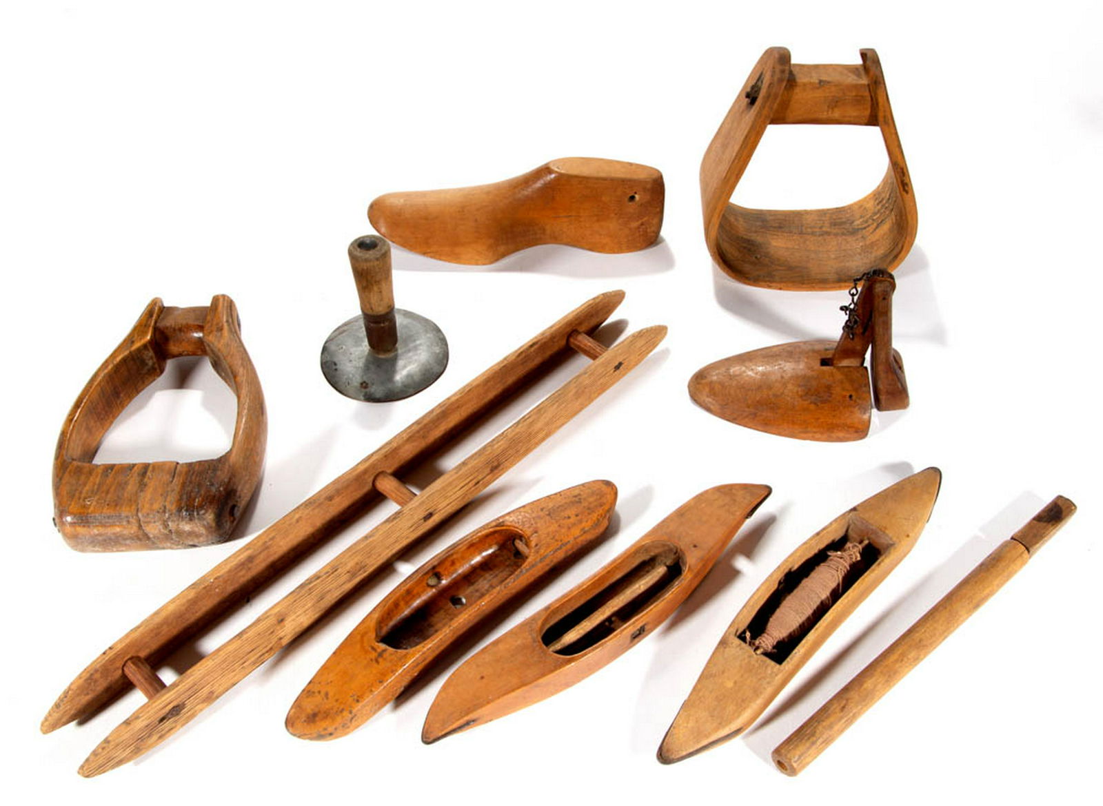 ASSORTED WOODEN DOMESTIC ARTICLES, LOT OF TEN: ASSORTED WOODEN DOMESTIC ARTICLES, LOT OF TEN, including two shoe forms, and a hog scraper. Majority with dry-natural surface. 19th century. Hog scraper 4" H.Good to very good overall condition, with