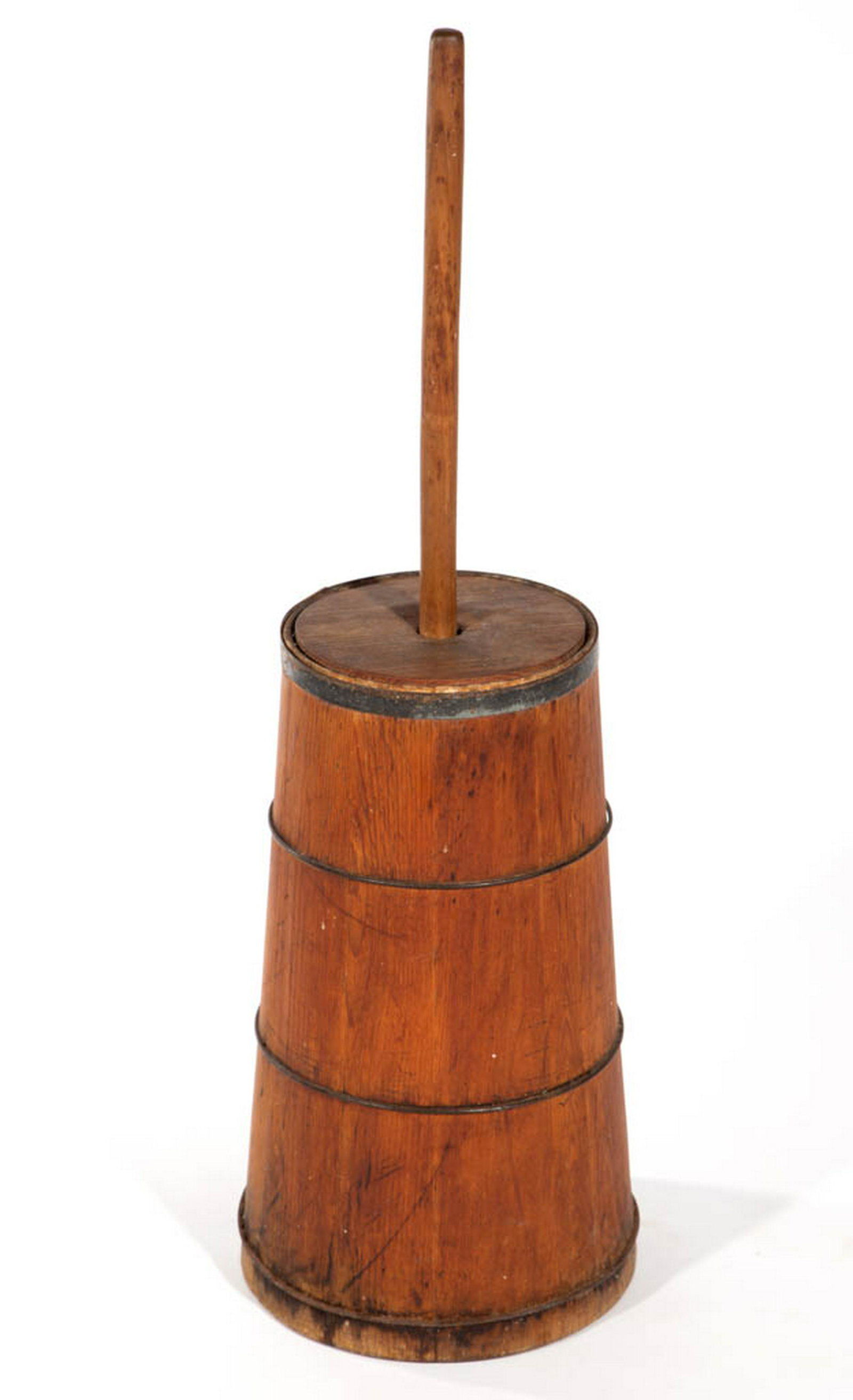 COUNTRY TREEN BUTTER CHURN: COUNTRY TREEN BUTTER CHURN, with metal bands, and possibly original dasher, cover. Retains an old refinished surface with mild color. Late 19th/early 20th century. 37" HOA, 20 1/4" H (cover). Good ove