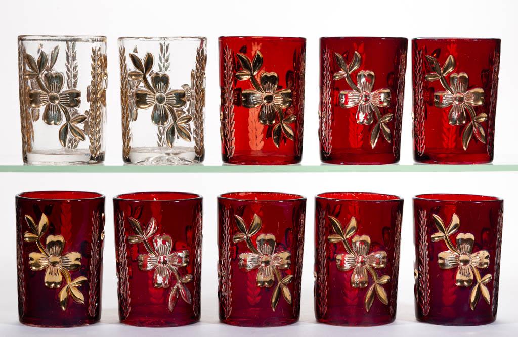 ART NAVO - RUBY-STAINED TUMBLERS, LOT OF EIGHT: ART NAVO - RUBY-STAINED TUMBLERS, LOT OF EIGHT, colorless with gilt decoration. Together with two colorless Art Navo examples having gilt decoration. Ten pieces total. Co-Operative Flint Glass Co. 190