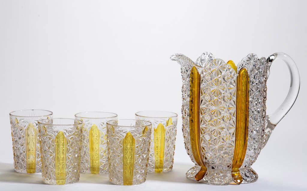 DUNCAN ELLROSE (OMN) / AMBERETTE (OMN) - AMBER-STAINED: DUNCAN ELLROSE (OMN) / AMBERETTE (OMN) - AMBER-STAINED SIX-PIECE WATER SET, colorless, comprising a water pitcher and five tumblers with factory-polished table rings. Geo. Duncan & Sons. Pattern intro