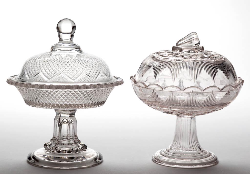 ASSORTED FLINT EAPG COVERED SWEETMEATS, LOT OF TWO: ASSORTED FLINT EAPG COVERED SWEETMEATS, LOT OF TWO, colorless lead glass, comprising a Hamilton with Leaf and Inverted Diamond Point, each with wafer construction. Boston & Sandwich Glass Co. and othe