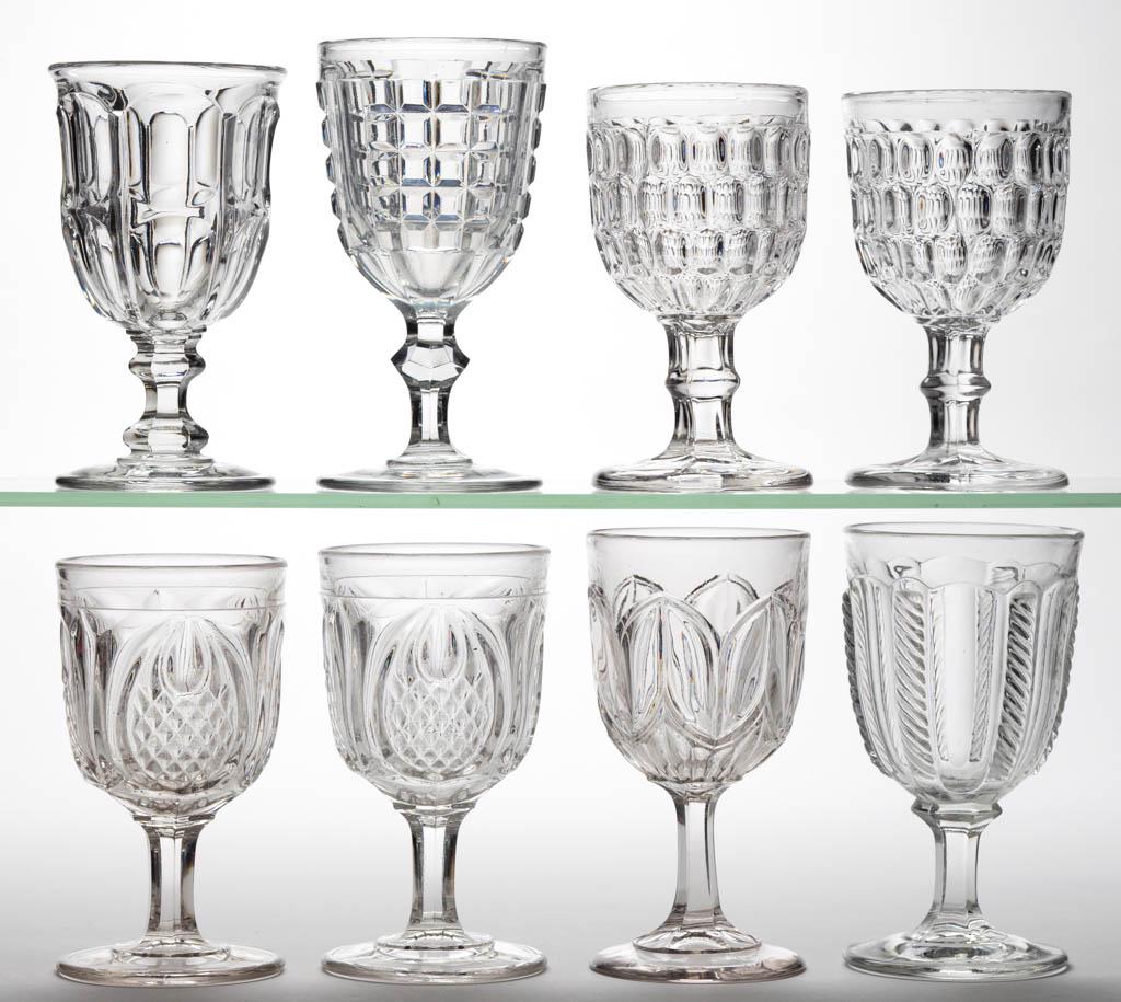 ASSORTED FLINT EAPG GOBLETS, LOT OF EIGHT: ASSORTED FLINT EAPG GOBLETS, LOT OF EIGHT, colorless lead glass, including two Early Thumbprint, two New England Pineapple, a Cable, and a Bigler example. Various makers. Third quarter 19th century.6"
