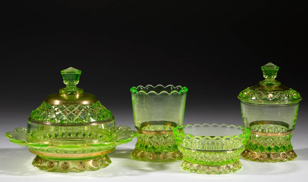 PETTICOAT / NATIONAL (OMN) TABLE ARTICLES, LOT OF FOUR: PETTICOAT / NATIONAL (OMN) TABLE ARTICLES, LOT OF FOUR, Vaseline (reacts under black light) with gilt decoration, comprising a covered butter dish, covered sugar, individual sauce/berry bowl, and spoo