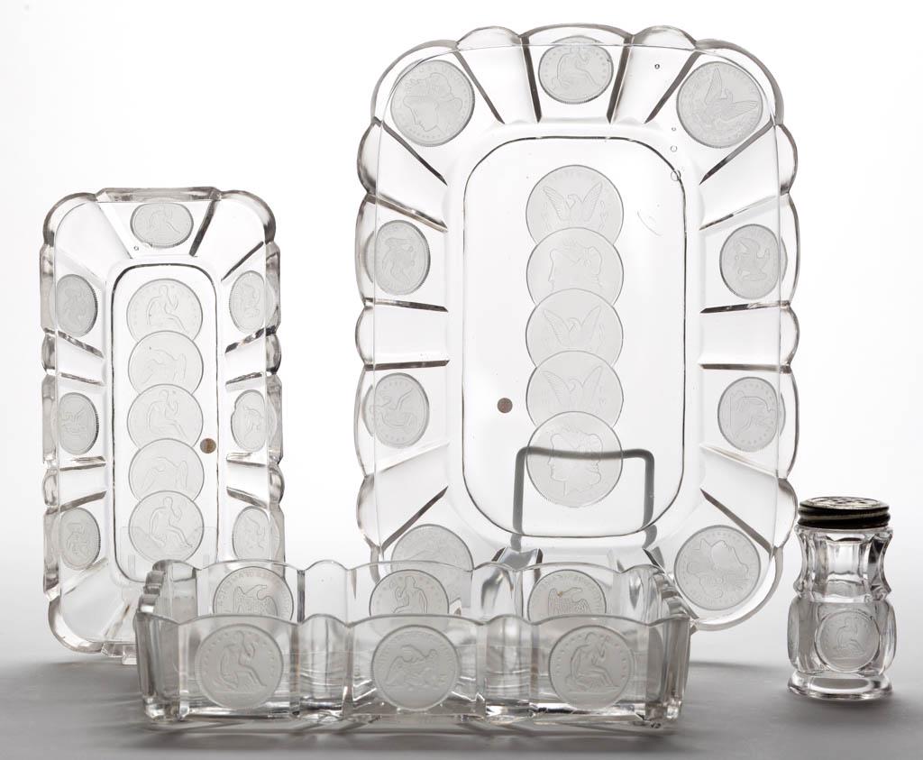 U. S. COIN / SILVER AGE (OMN) TABLE ARTICLES, LOT OF: U. S. COIN / SILVER AGE (OMN) TABLE ARTICLES, LOT OF FOUR, colorless with frosted coins, comprising a salt shaker with correct lid, a bread tray, a pickle dish, and a preserve dish. Central Glass Co. 