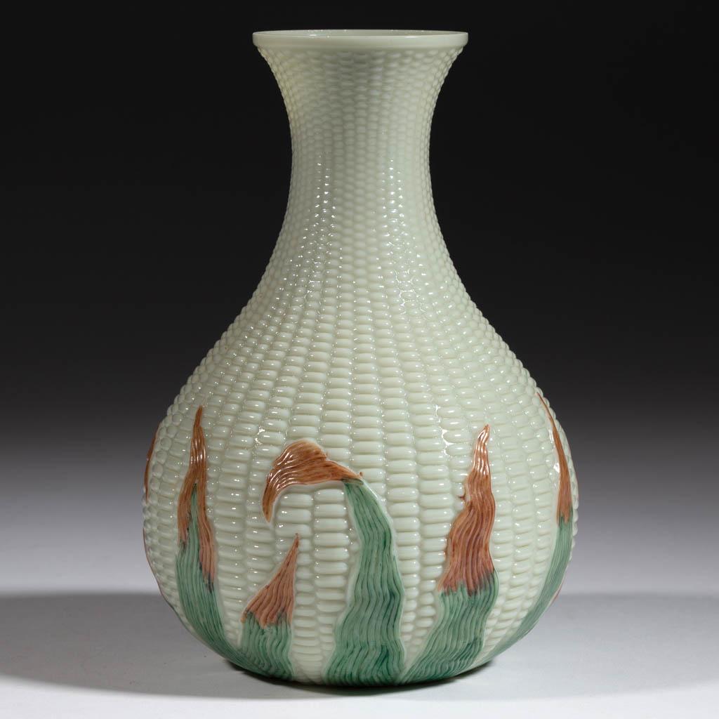 LIBBEY'S MAIZE WATER BOTTLE: LIBBEY'S MAIZE WATER BOTTLE, custard with brown and green stained leaves, factory-polished rim. W. L. Libbey and Sons. Fourth quarter 19th century.8" H. Undamaged. Literature: Fauster - Libbey Glass S